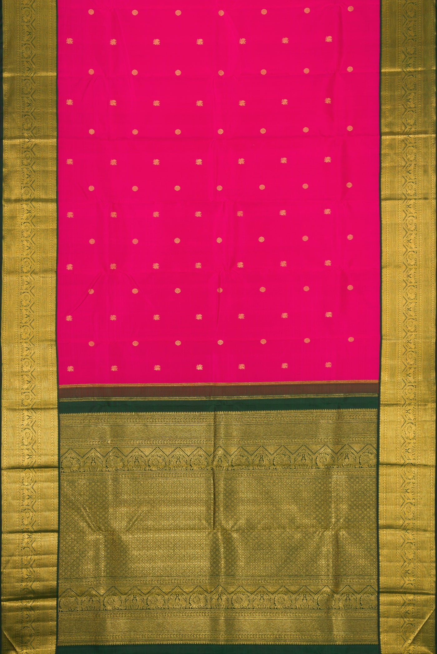 Flat view of Pink Dual Tone Kanchipuram Silk Saree with Zari Butta on the body and Zari Border. 