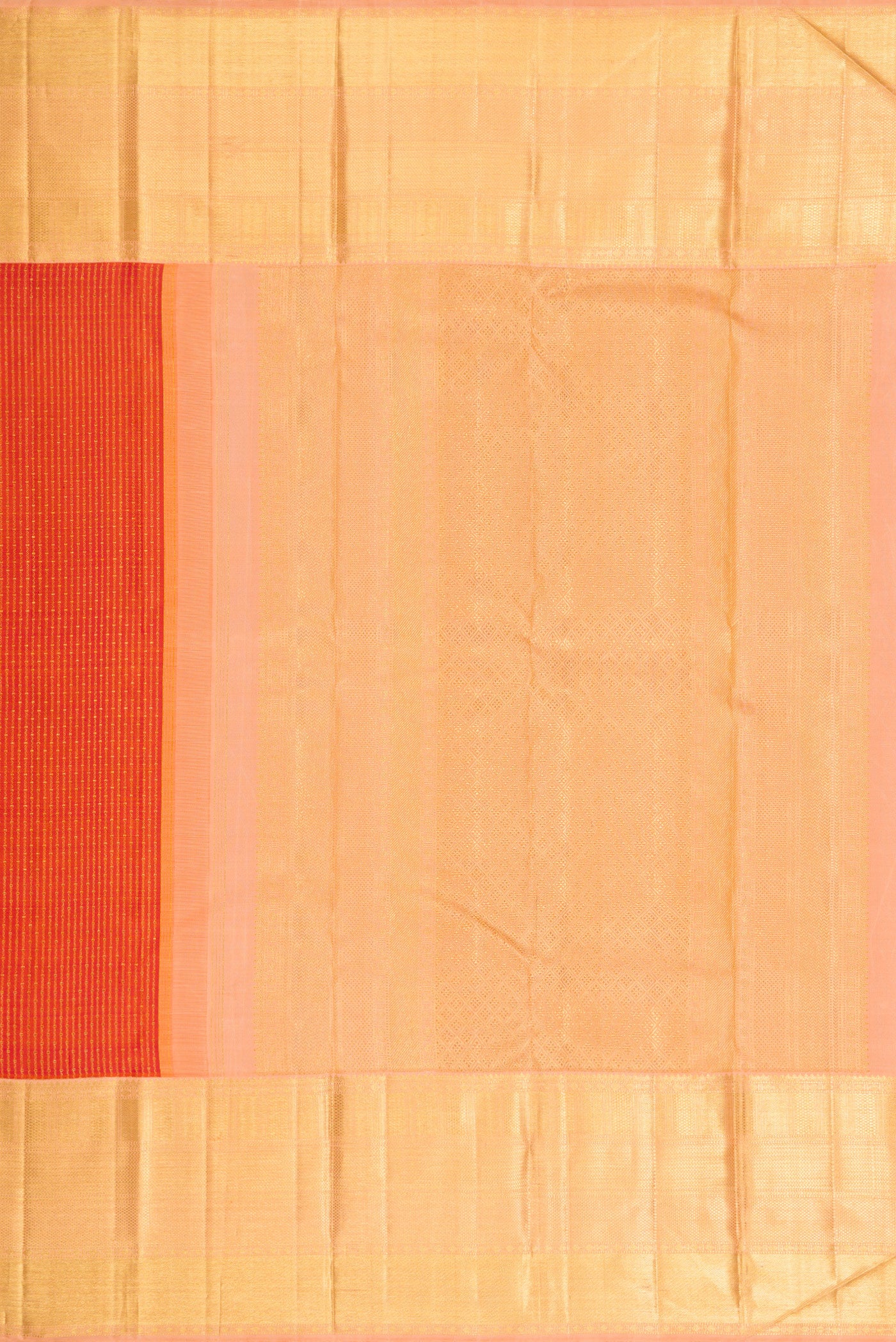 Close up image of the pallu of Brick Orange Dual Tone Kanchipuram Silk Saree with Zari Brocade on the body and Zari Border. 