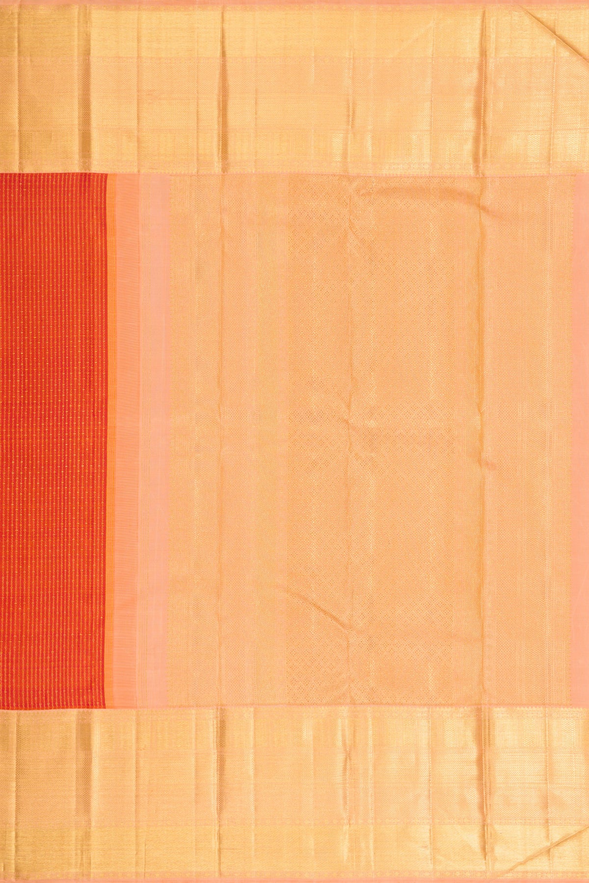 Close up image of the pallu of Brick Orange Dual Tone Kanchipuram Silk Saree with Zari Brocade on the body and Zari Border. 