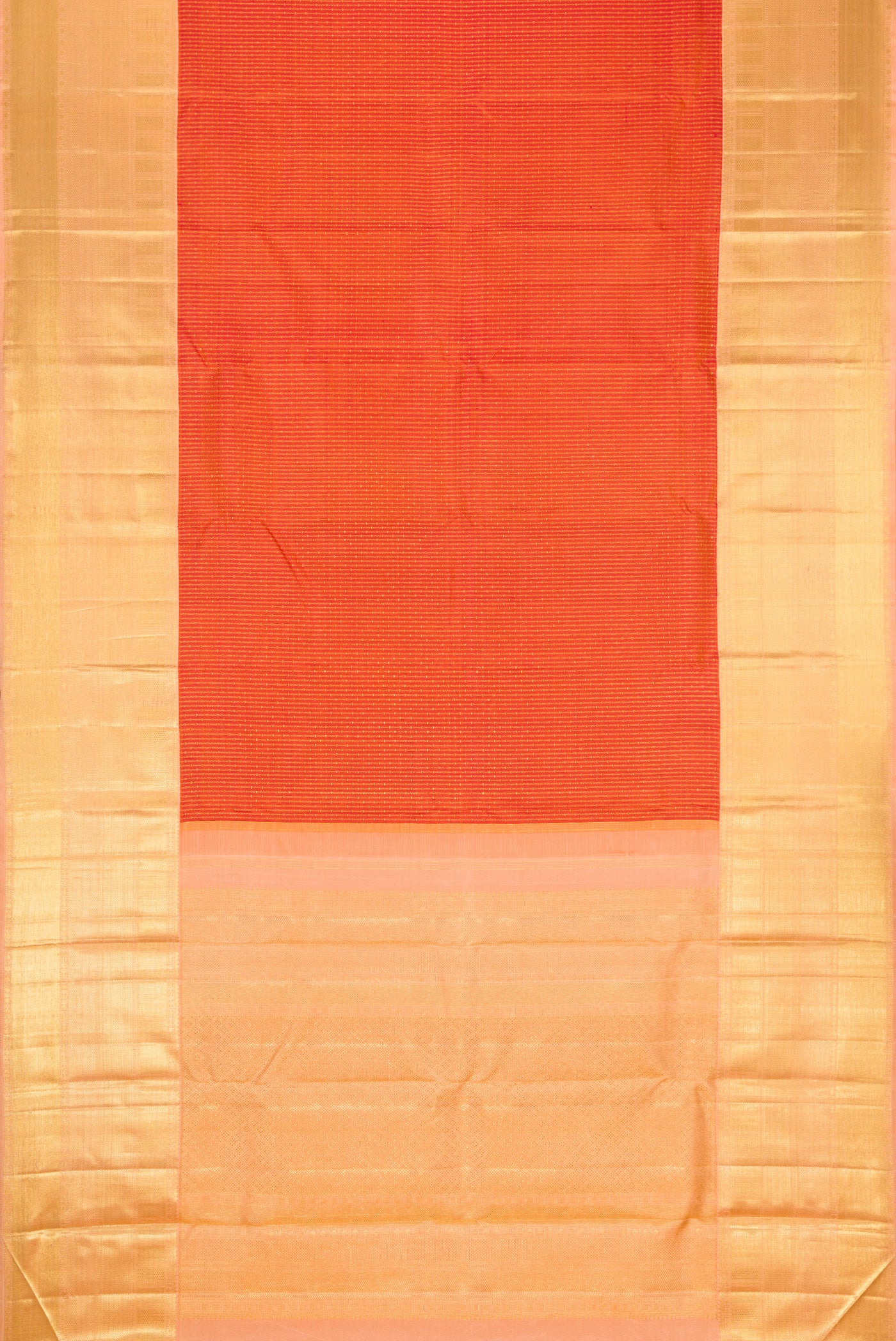 Flat view of Brick Orange Dual Tone Kanchipuram Silk Saree with Zari Brocade on the body and Zari Border. 