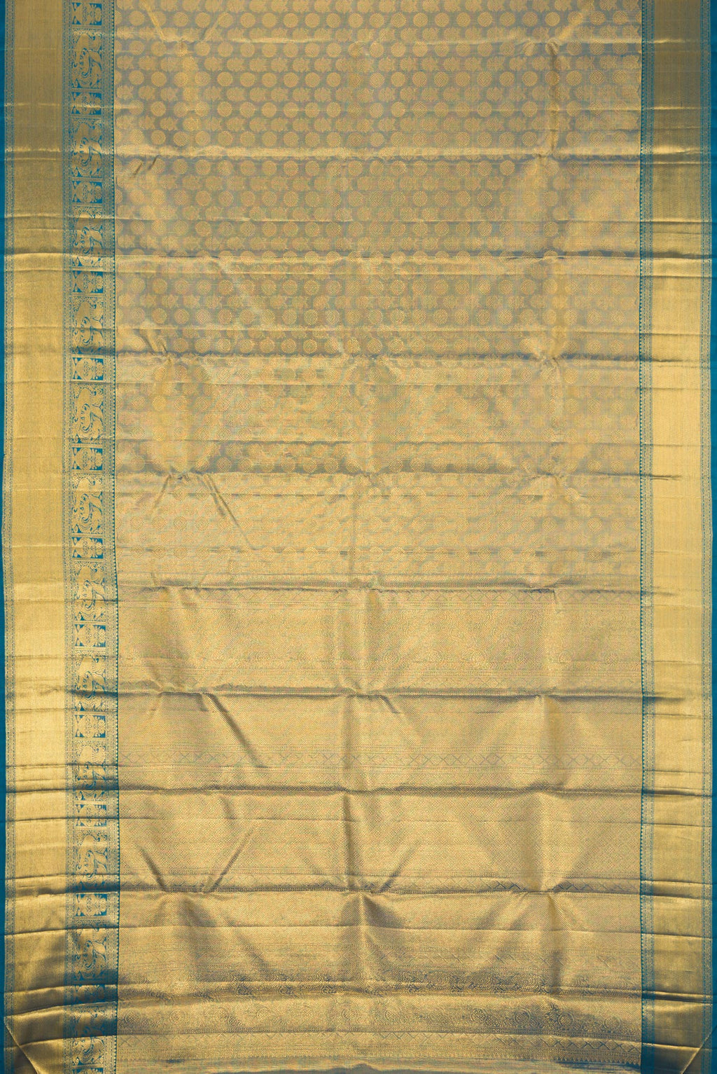 Flat view of Maya Blue Dual Tone Kanchipuram Tissue Silk Saree with Zari Brocade on the body and Zari Border. 
