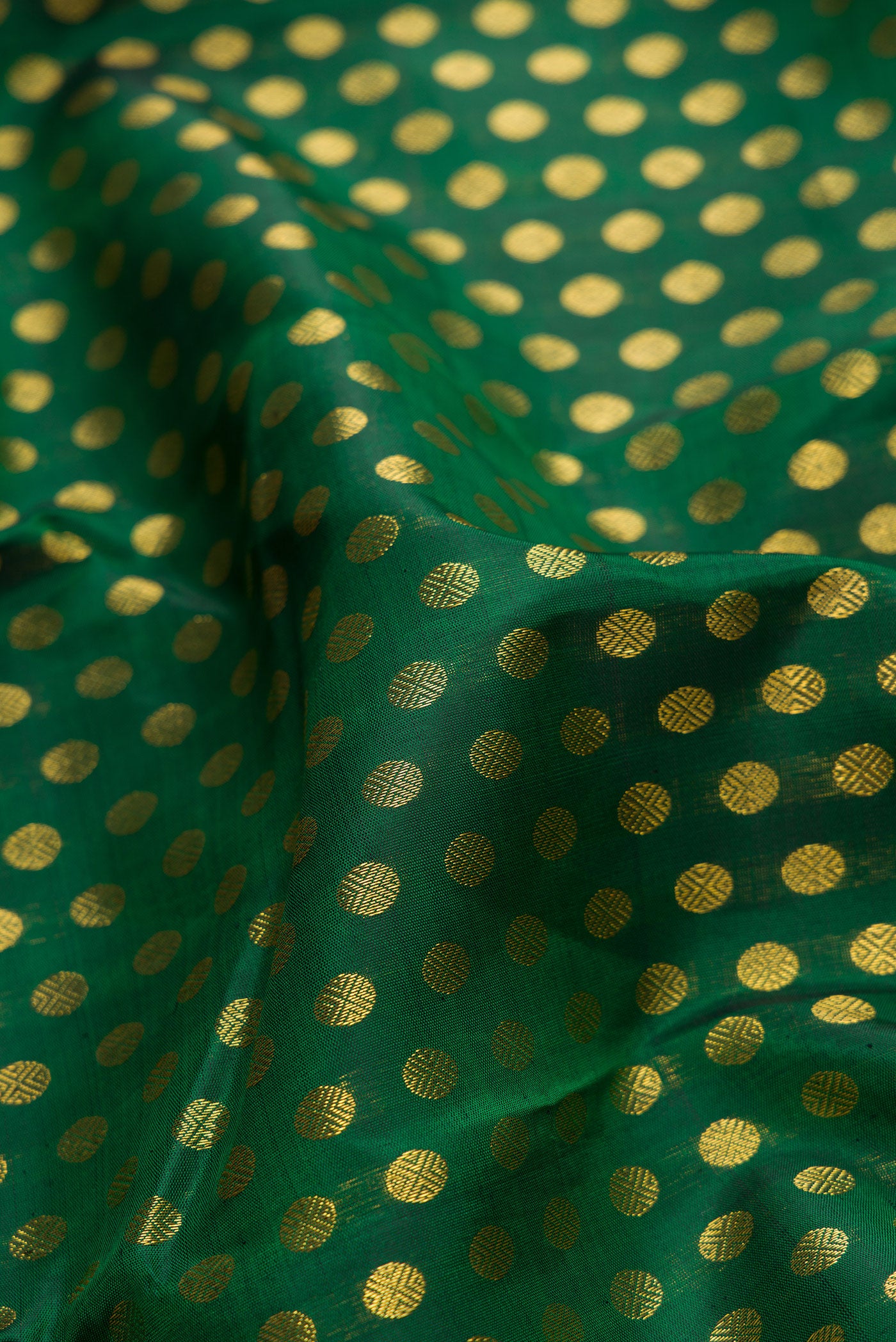 Close up of Green Dual Tone Kanchipuram Silk Saree with Zari Brocade on the body and Zari Border.  displaying folds