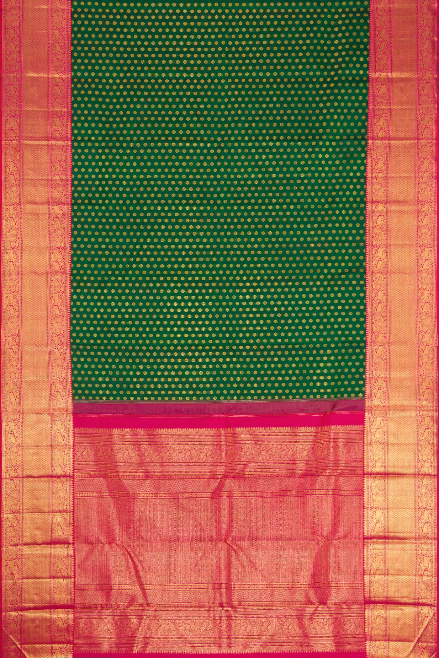 Flat view of Green Dual Tone Kanchipuram Silk Saree with Zari Brocade on the body and Zari Border. 