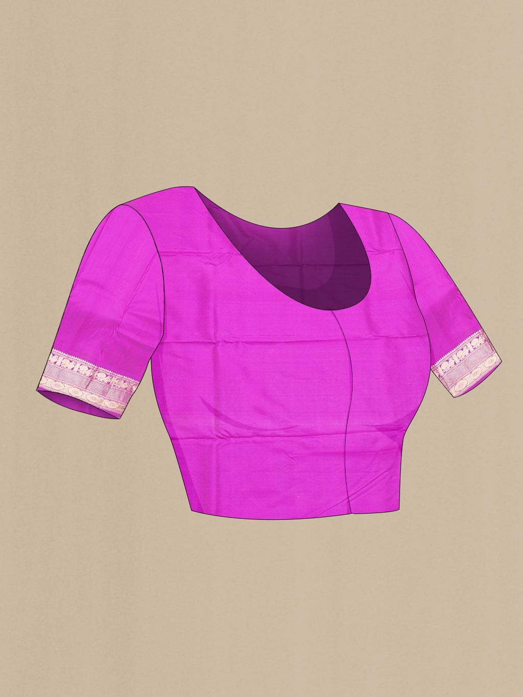 Close up image of the blouse of Magenta Dual Tone Kanchipuram Silk Saree with Zari Butta on the body and Zari Border. 