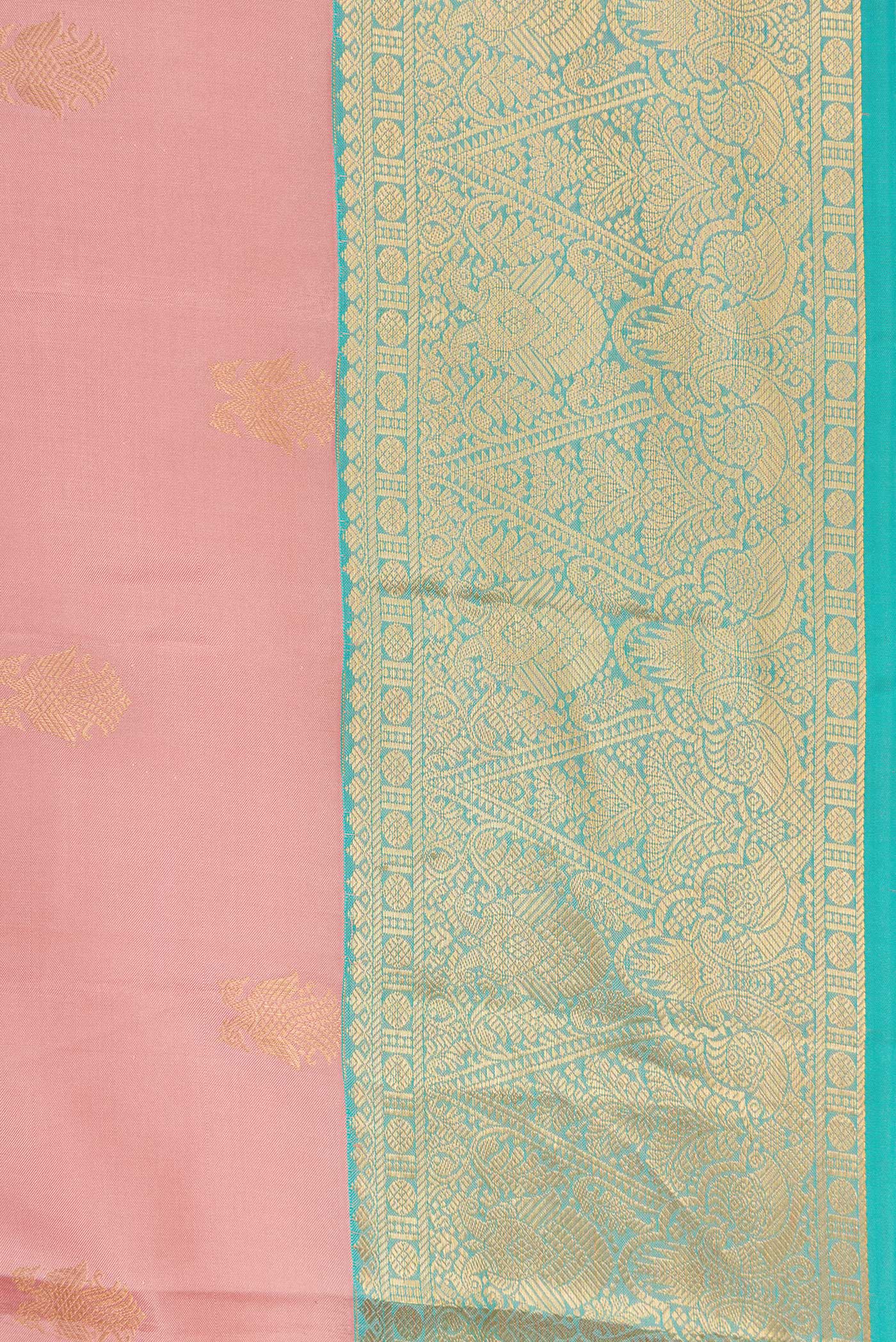 Border image of Rose Gold Dual Tone Kanchipuram Silk Saree with Zari Butta on the body and Zari Border. 