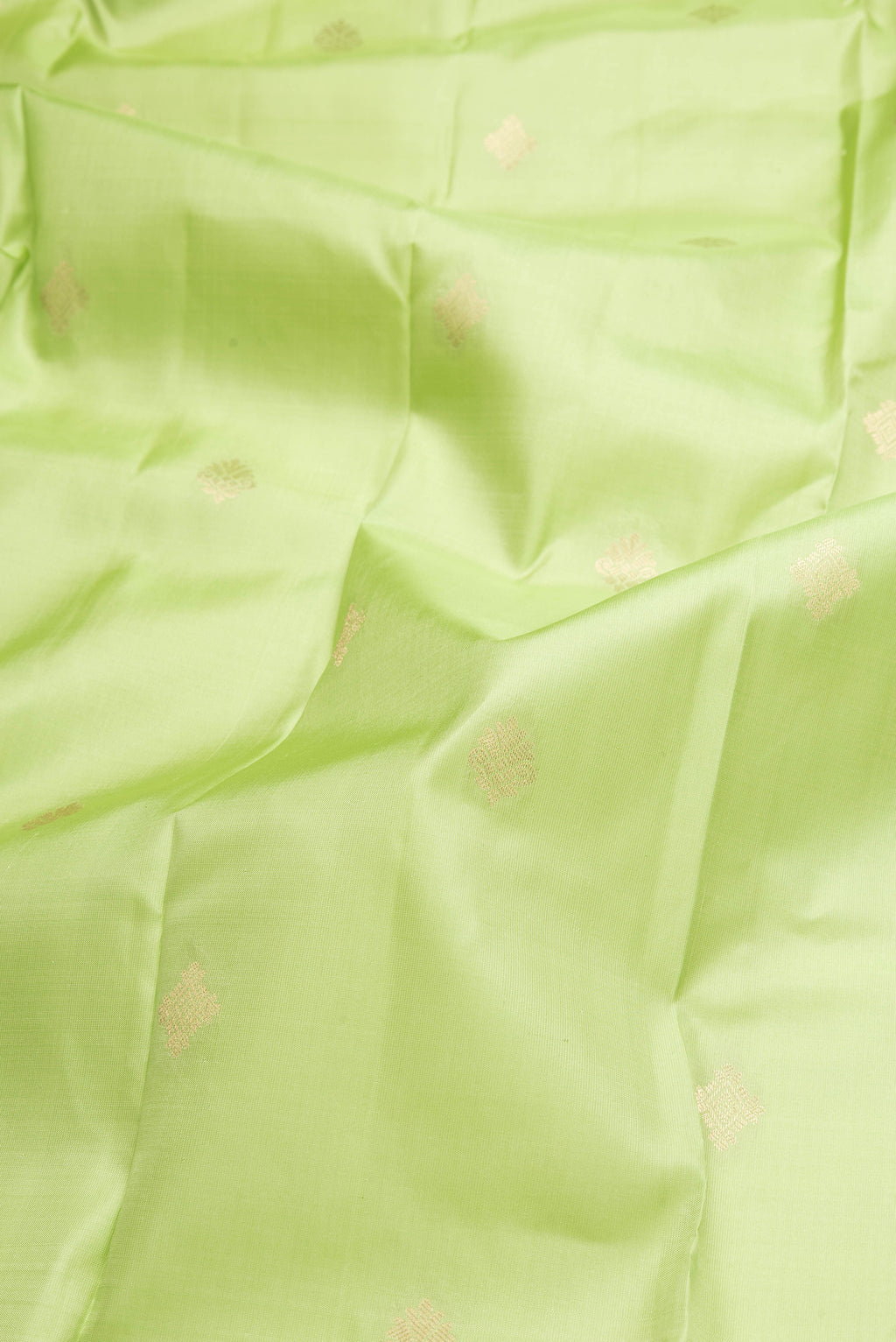 Close up of Pista Green Dual Tone Kanchipuram Silk Saree with Zari Butta on the body and Zari Border.  displaying folds