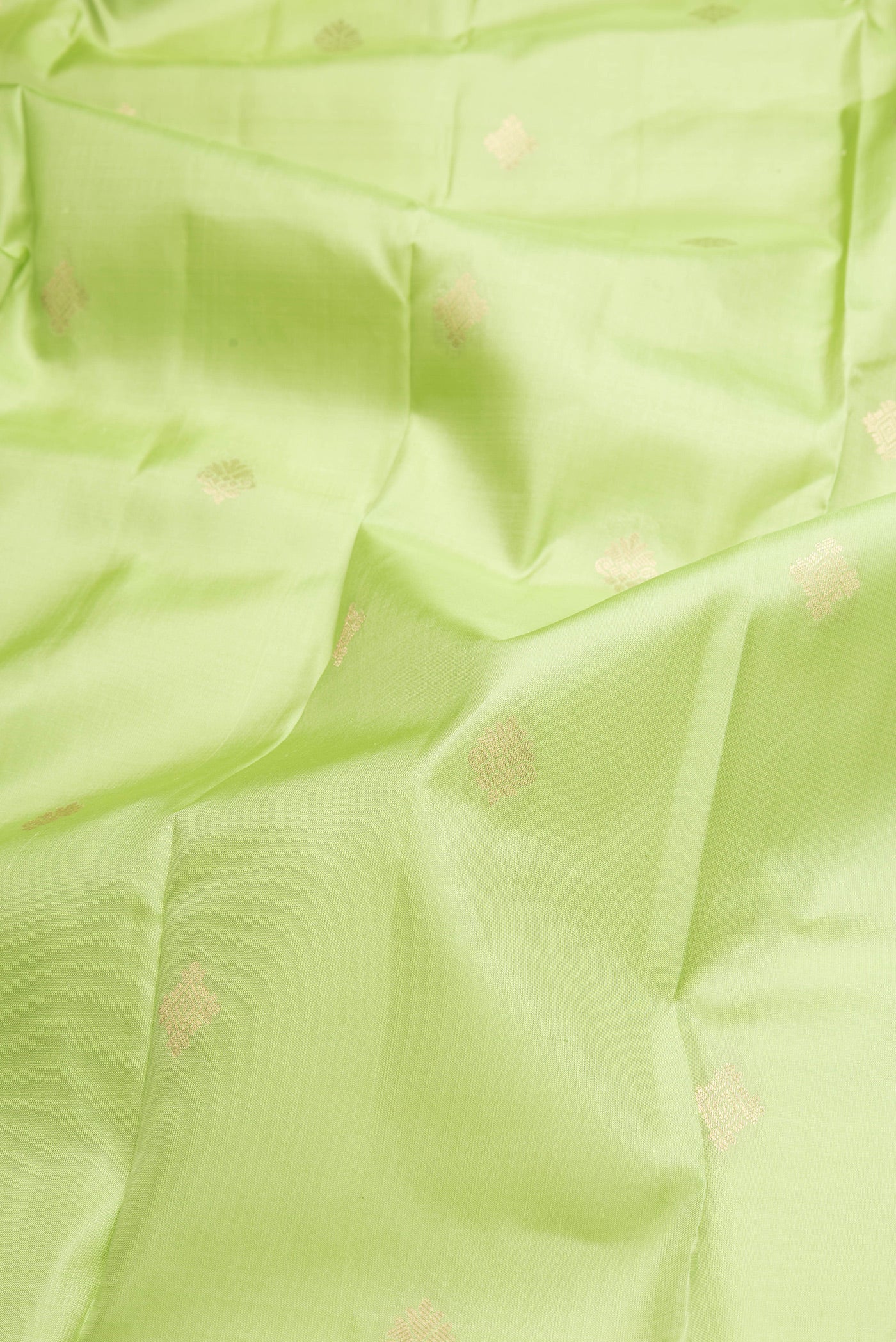 Close up of Pista Green Dual Tone Kanchipuram Silk Saree with Zari Butta on the body and Zari Border.  displaying folds
