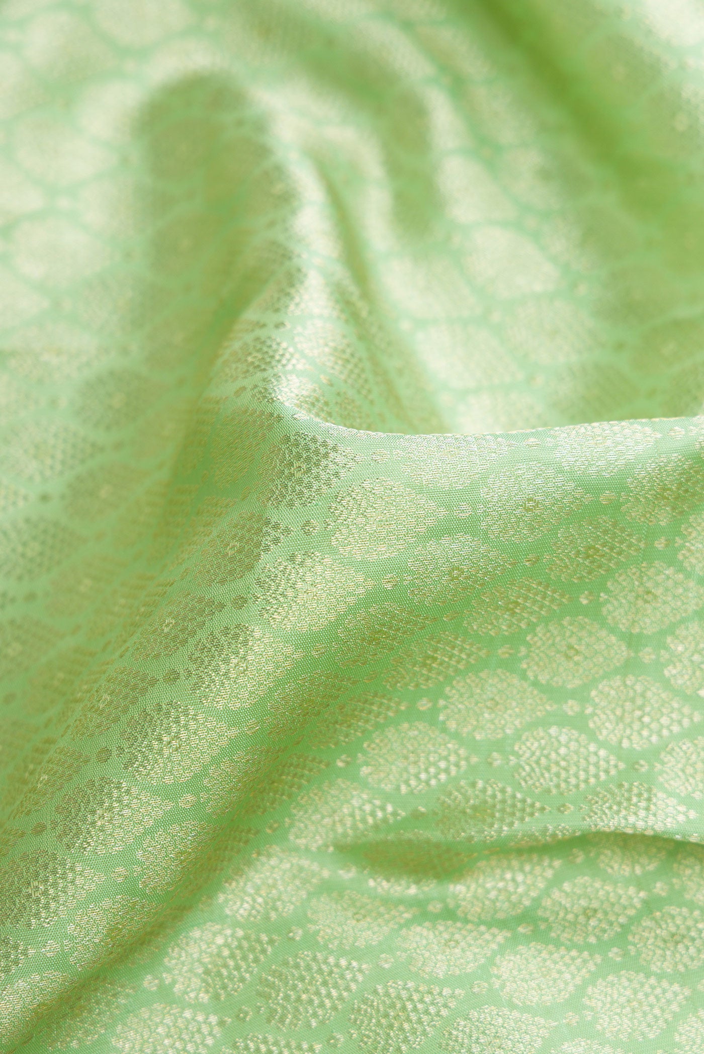 Close up of Pista Green Dual Tone Kanchipuram Silk Saree with Zari Brocade on the body and Zari Border.  displaying folds