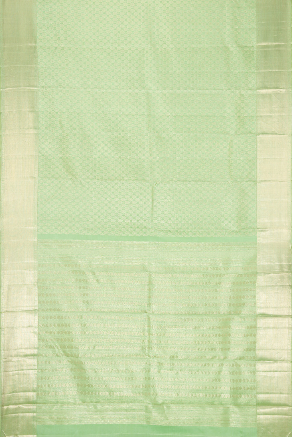 Flat view of Pista Green Dual Tone Kanchipuram Silk Saree with Zari Brocade on the body and Zari Border. 