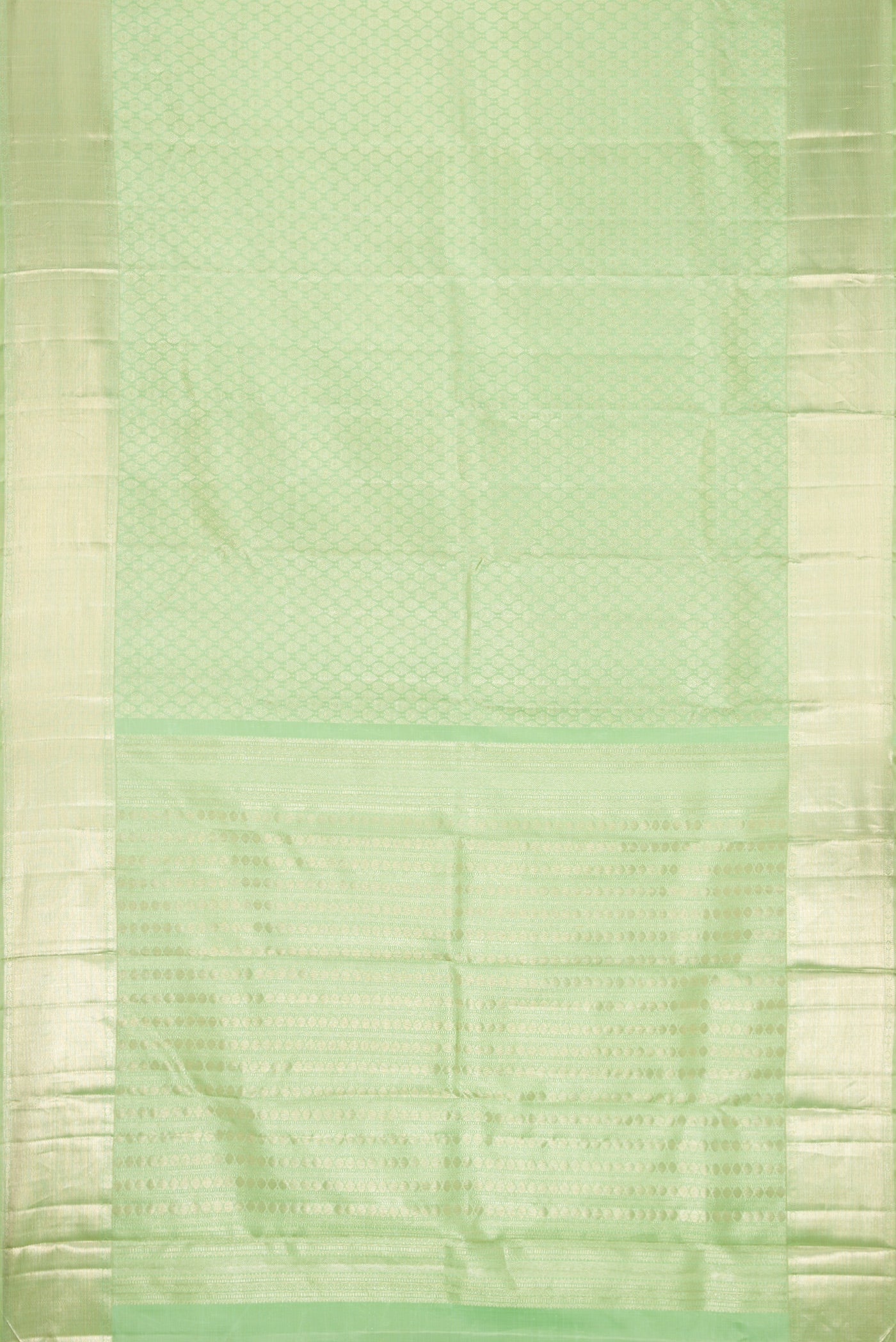 Flat view of Pista Green Dual Tone Kanchipuram Silk Saree with Zari Brocade on the body and Zari Border. 