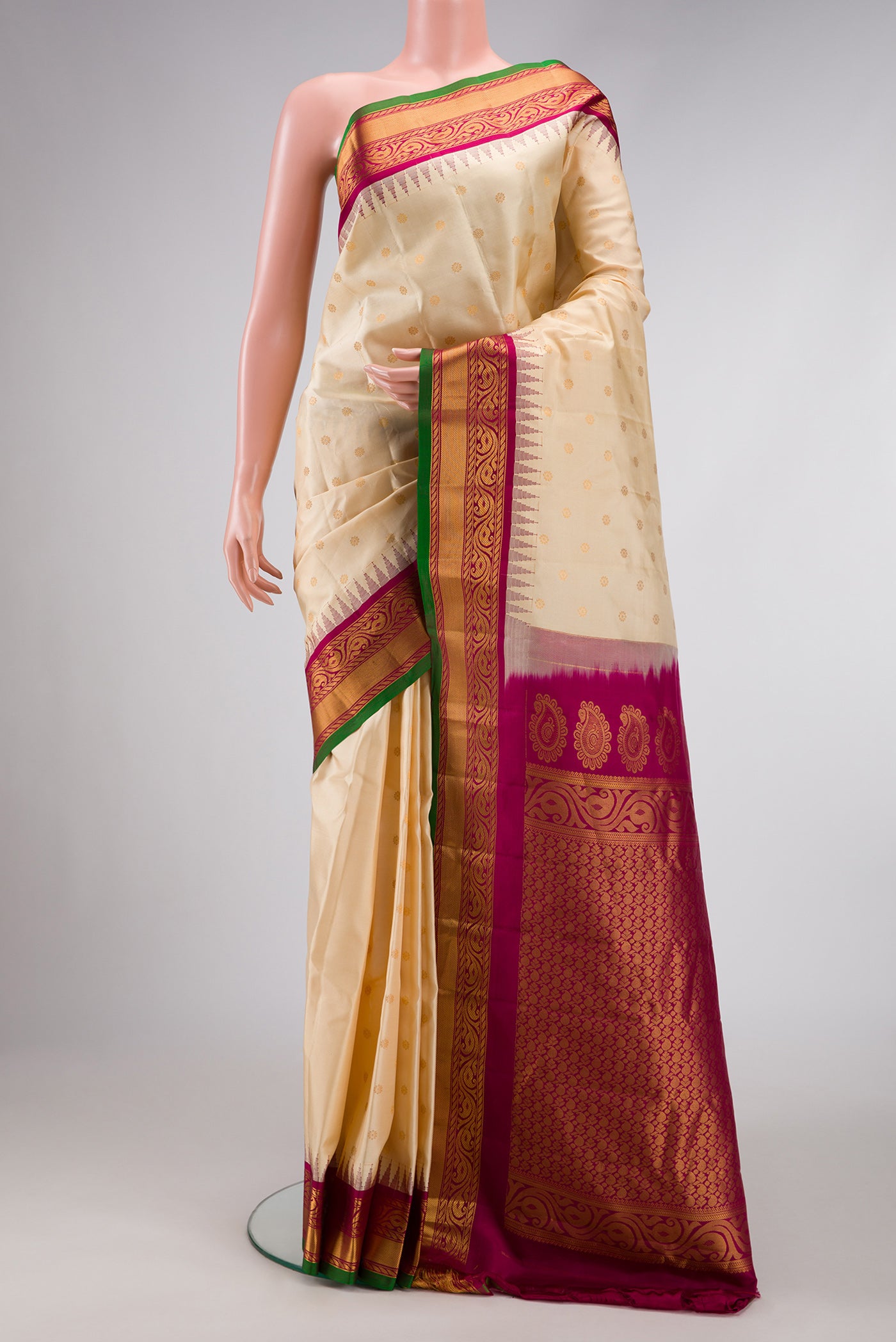 Sandal Dual Tone Gadwal Silk Saree with Zari Butta on the body and Zari Border.  displayed on a mannequin