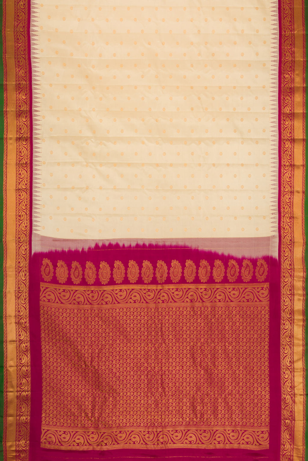 Flat view of Sandal Dual Tone Gadwal Silk Saree with Zari Butta on the body and Zari Border. 