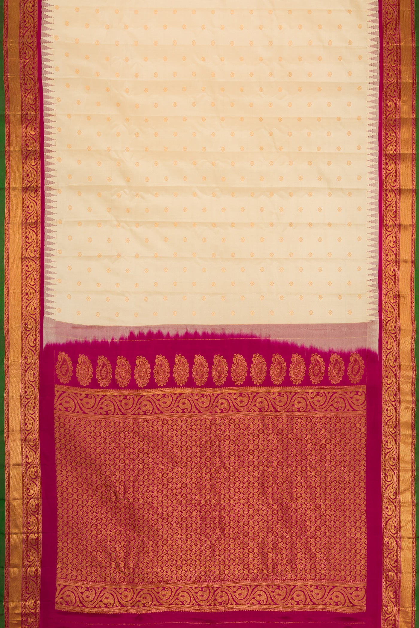 Flat view of Sandal Dual Tone Gadwal Silk Saree with Zari Butta on the body and Zari Border. 