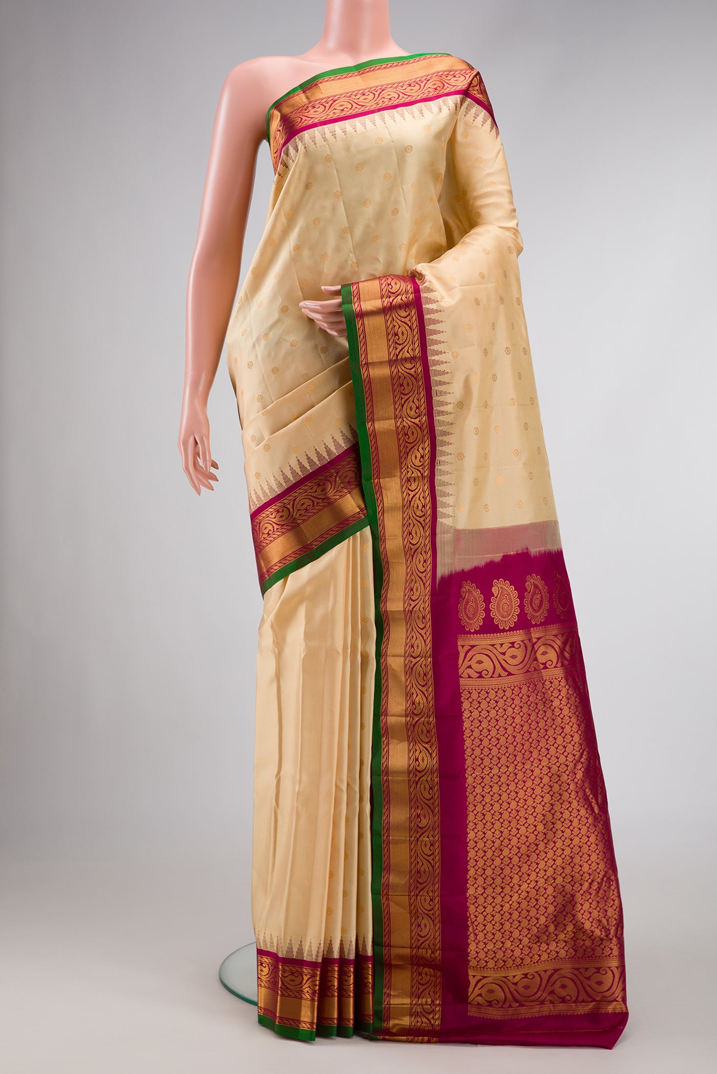 Sandal Dual Tone Gadwal Silk Saree with Zari Butta on the body and Zari Border.  displayed on a mannequin