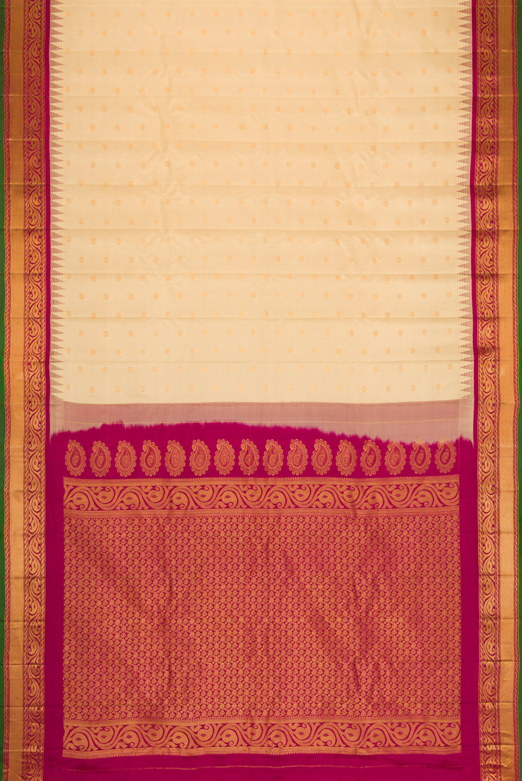 Flat view of Sandal Dual Tone Gadwal Silk Saree with Zari Butta on the body and Zari Border. 