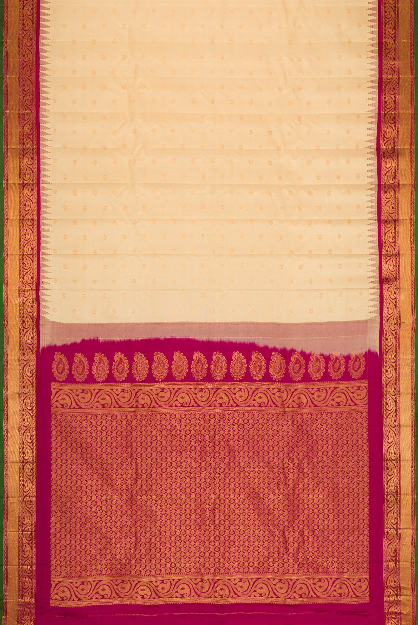 Flat view of Sandal Dual Tone Gadwal Silk Saree with Zari Butta on the body and Zari Border. 