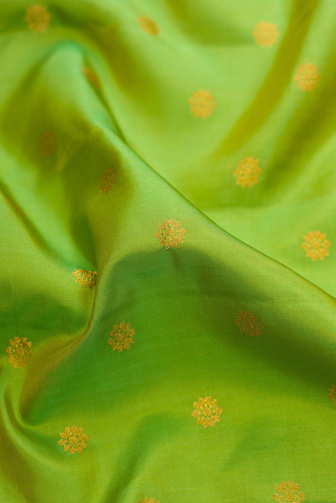 Close up of Parrot Green Dual Tone Gadwal Silk Saree with Zari Butta on the body and Zari Border.  displaying folds