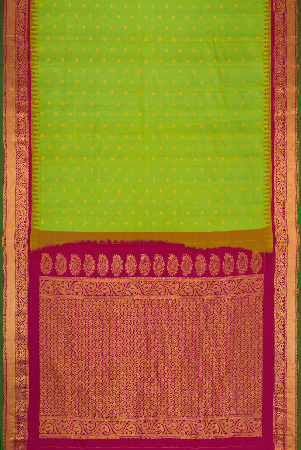 Flat view of Parrot Green Dual Tone Gadwal Silk Saree with Zari Butta on the body and Zari Border. 