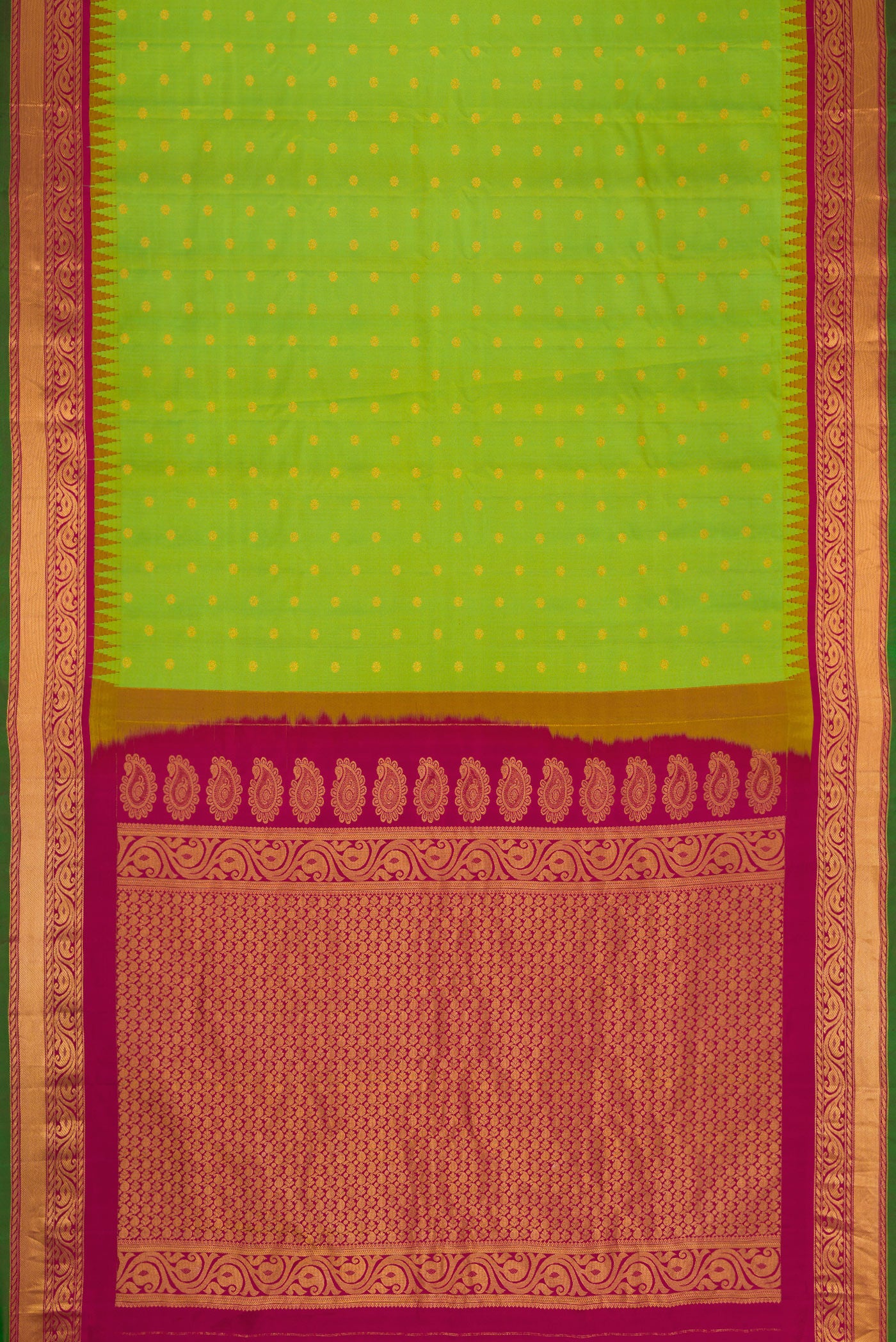 Flat view of Parrot Green Dual Tone Gadwal Silk Saree with Zari Butta on the body and Zari Border. 