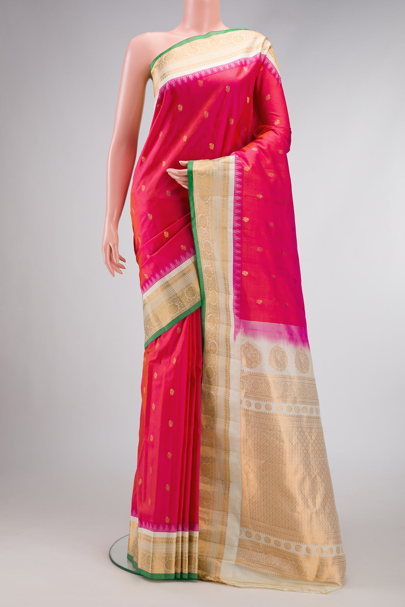 Pink Dual Tone Gadwal Silk Saree with Zari Butta on the body and Zari Border.  displayed on a mannequin