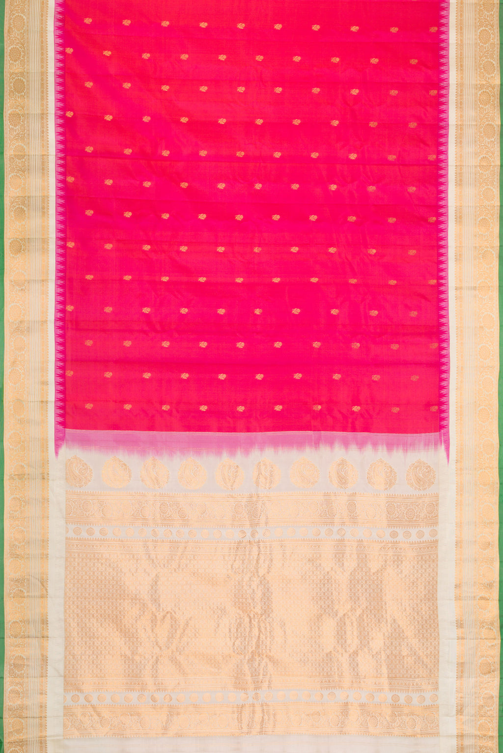 Flat view of Pink Dual Tone Gadwal Silk Saree with Zari Butta on the body and Zari Border. 