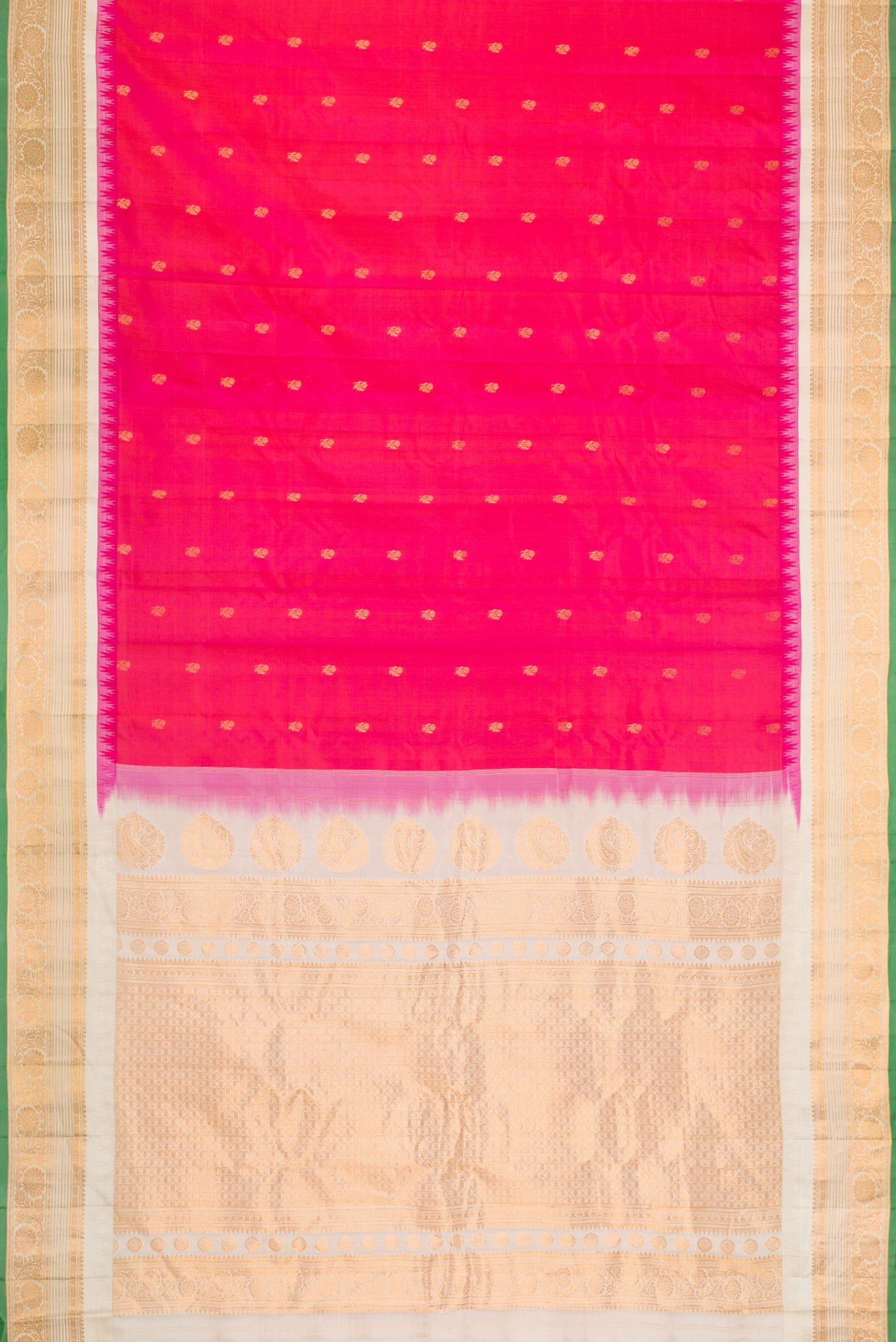 Flat view of Pink Dual Tone Gadwal Silk Saree with Zari Butta on the body and Zari Border. 