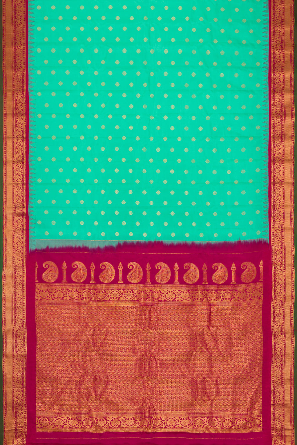 Flat view of Sea Green Dual Tone Gadwal Silk Saree with Zari Butta on the body and Zari Border. 