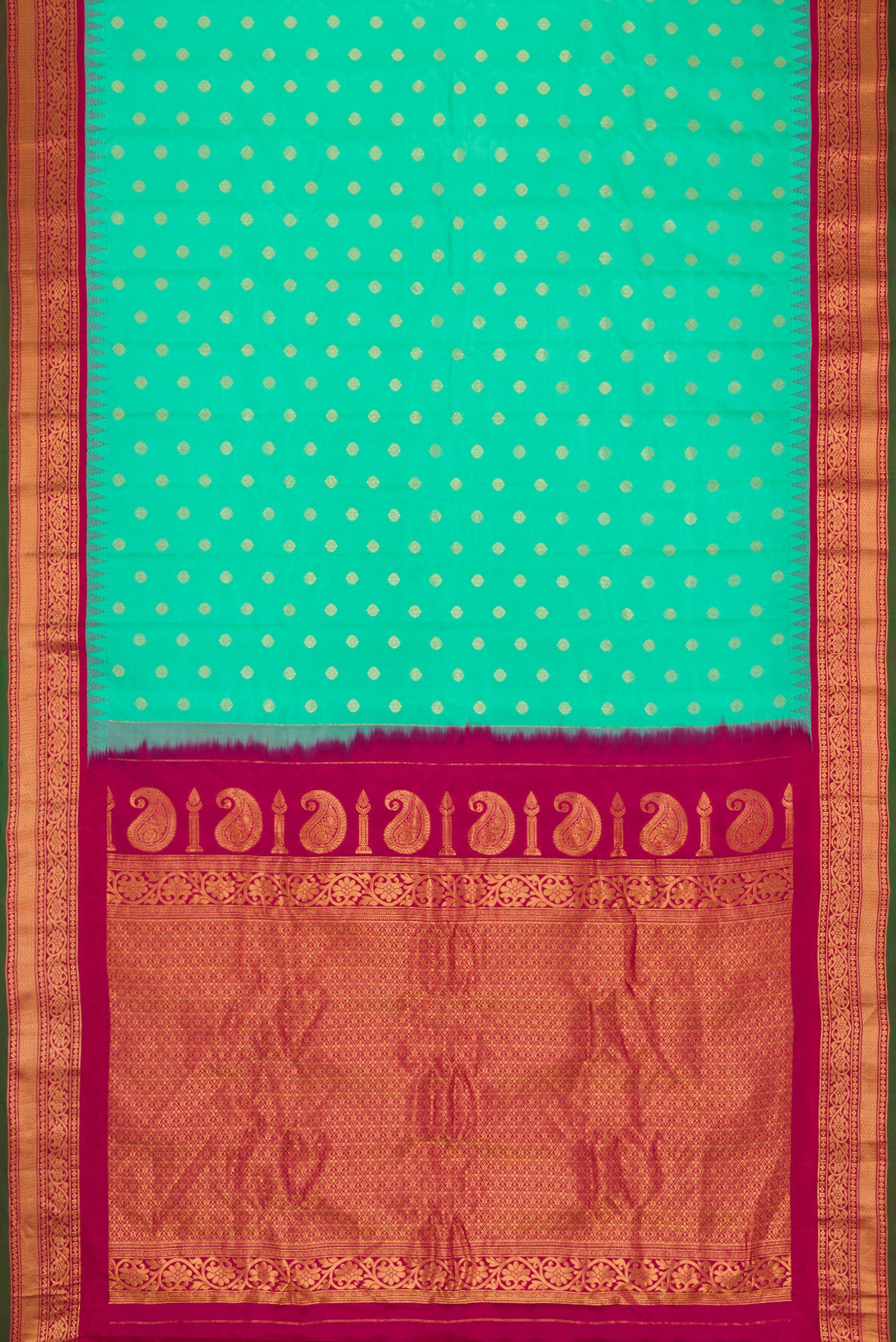 Flat view of Sea Green Dual Tone Gadwal Silk Saree with Zari Butta on the body and Zari Border. 