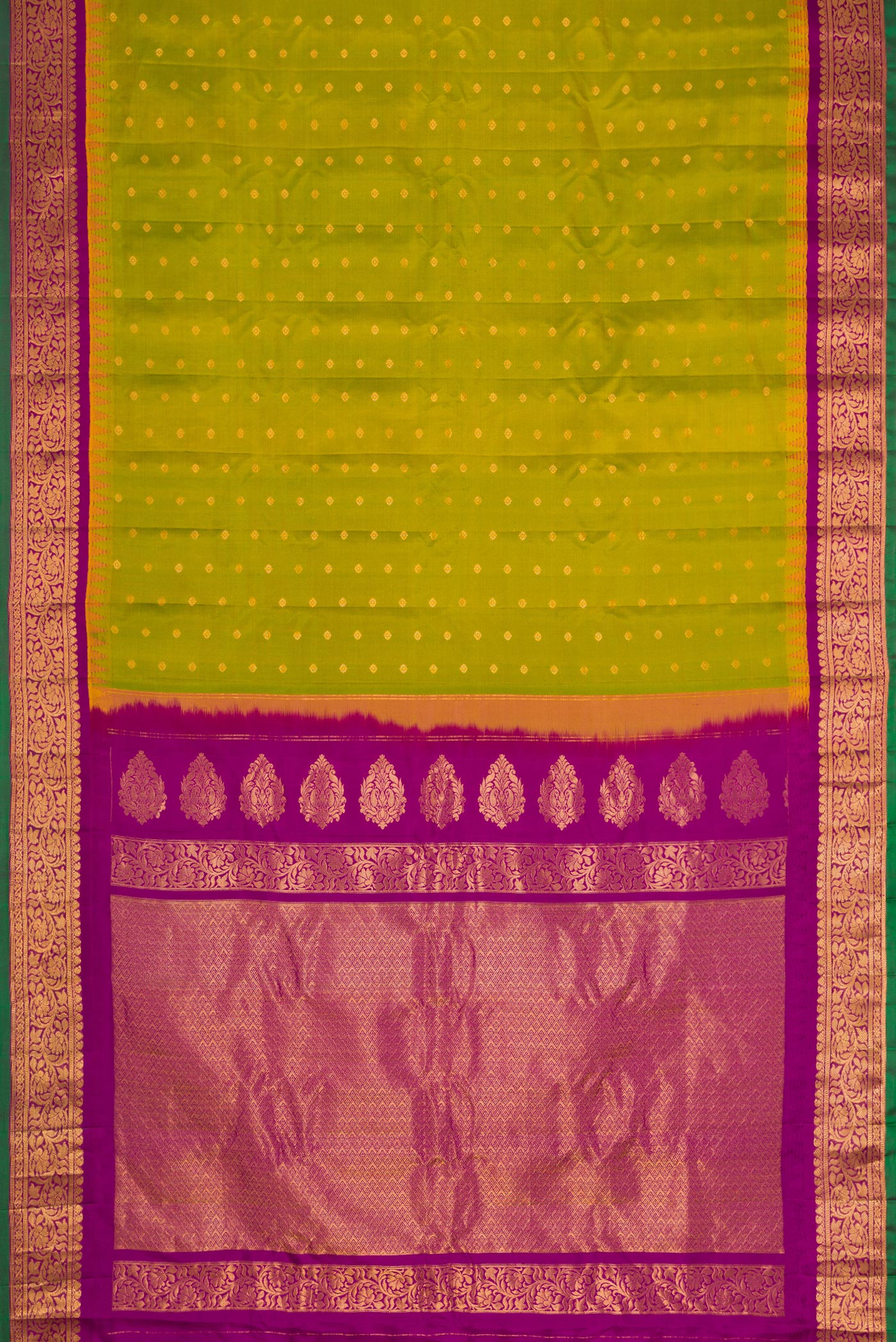 Flat view of Mehandi Green Dual Tone Gadwal Silk Saree with Zari Butta on the body and Zari Border. 