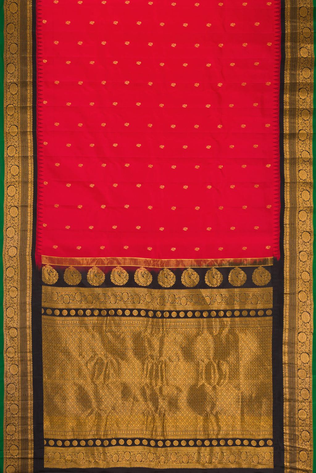 Flat view of Red Dual Tone Gadwal Silk Saree with Zari Butta on the body and Zari Border. 