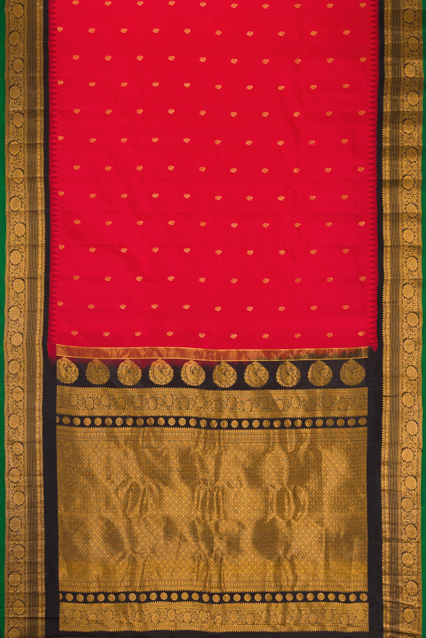 Flat view of Red Dual Tone Gadwal Silk Saree with Zari Butta on the body and Zari Border. 