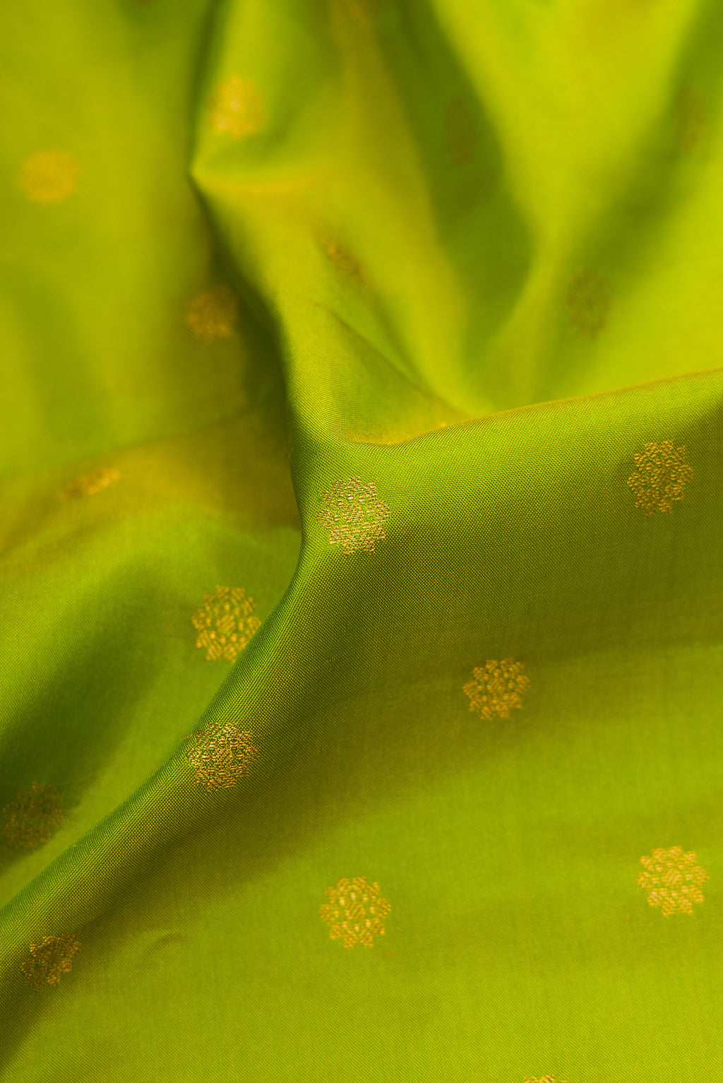 Close up of Parrot Green Dual Tone Gadwal Silk Saree with Zari Butta on the body and Zari Border.  displaying folds