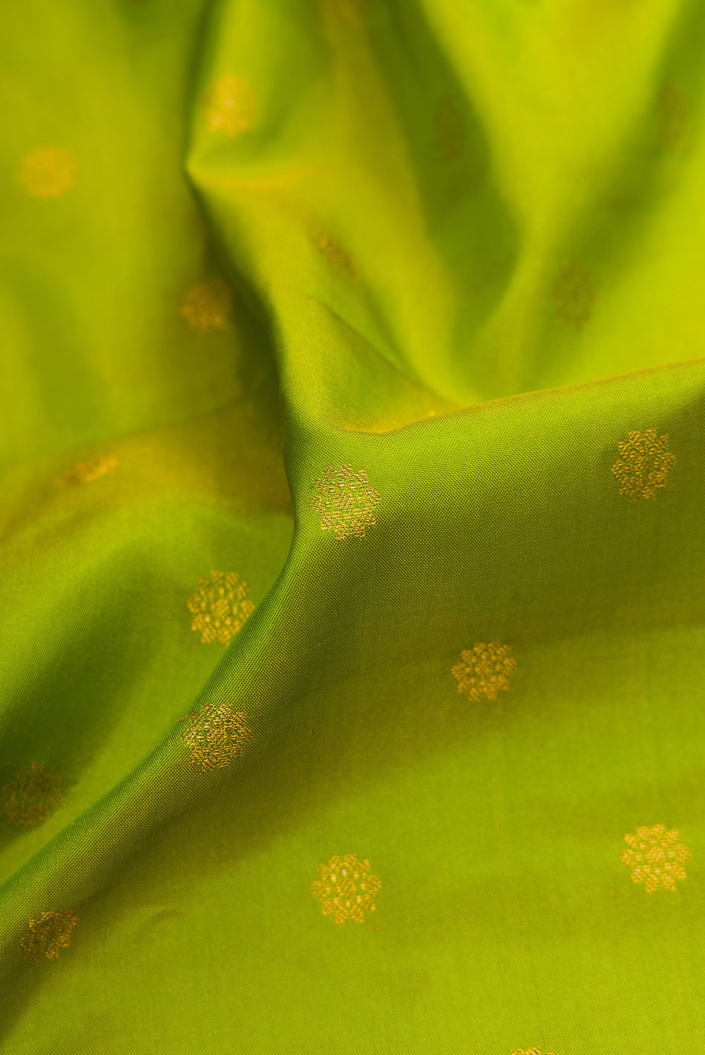 Close up of Parrot Green Dual Tone Gadwal Silk Saree with Zari Butta on the body and Zari Border.  displaying folds