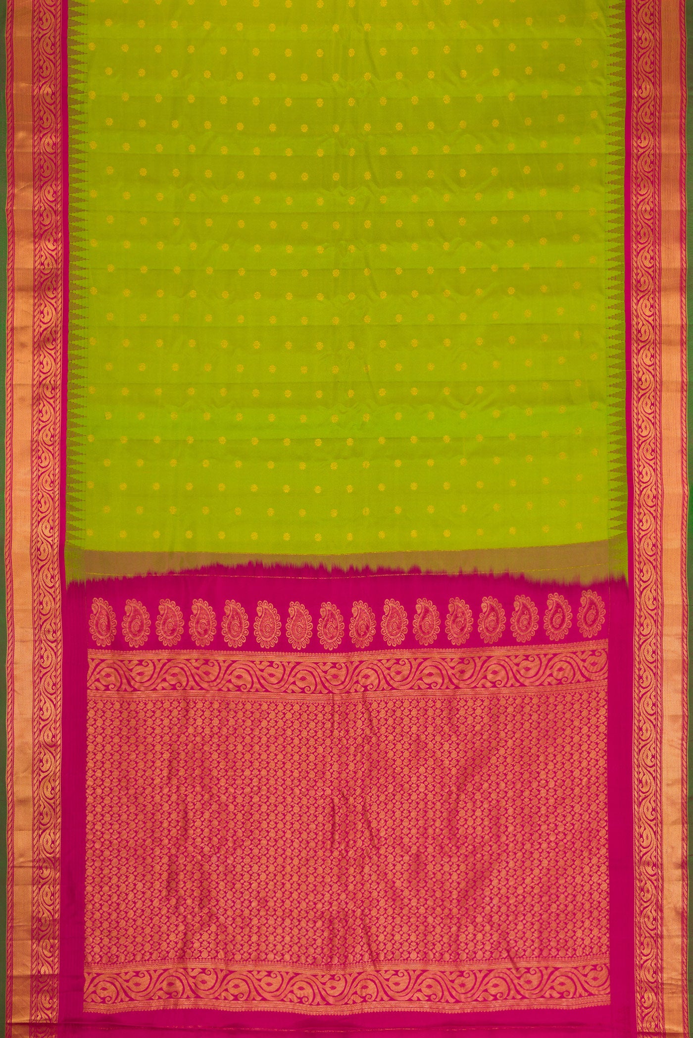 Flat view of Parrot Green Dual Tone Gadwal Silk Saree with Zari Butta on the body and Zari Border. 