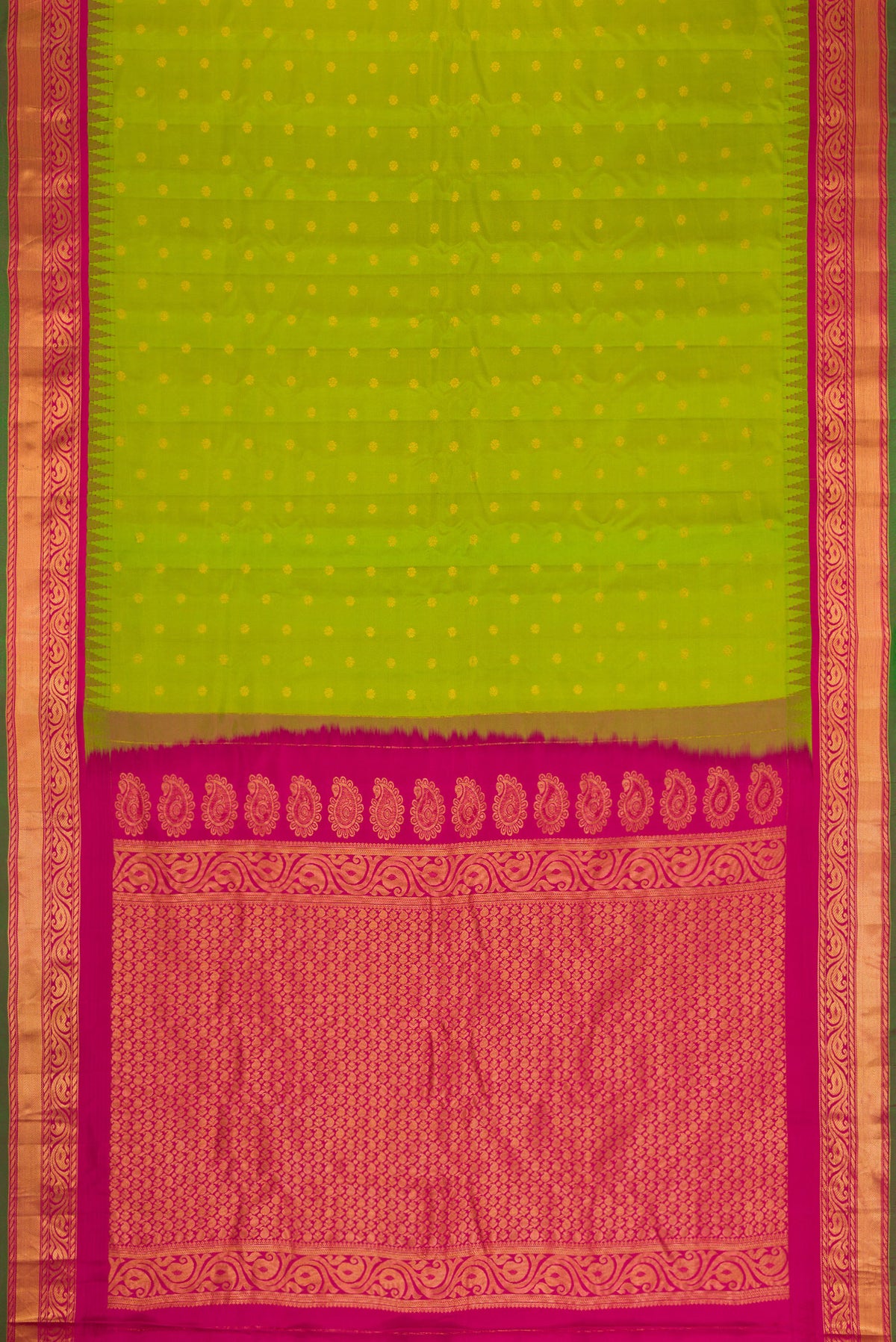 Flat view of Parrot Green Dual Tone Gadwal Silk Saree with Zari Butta on the body and Zari Border. 