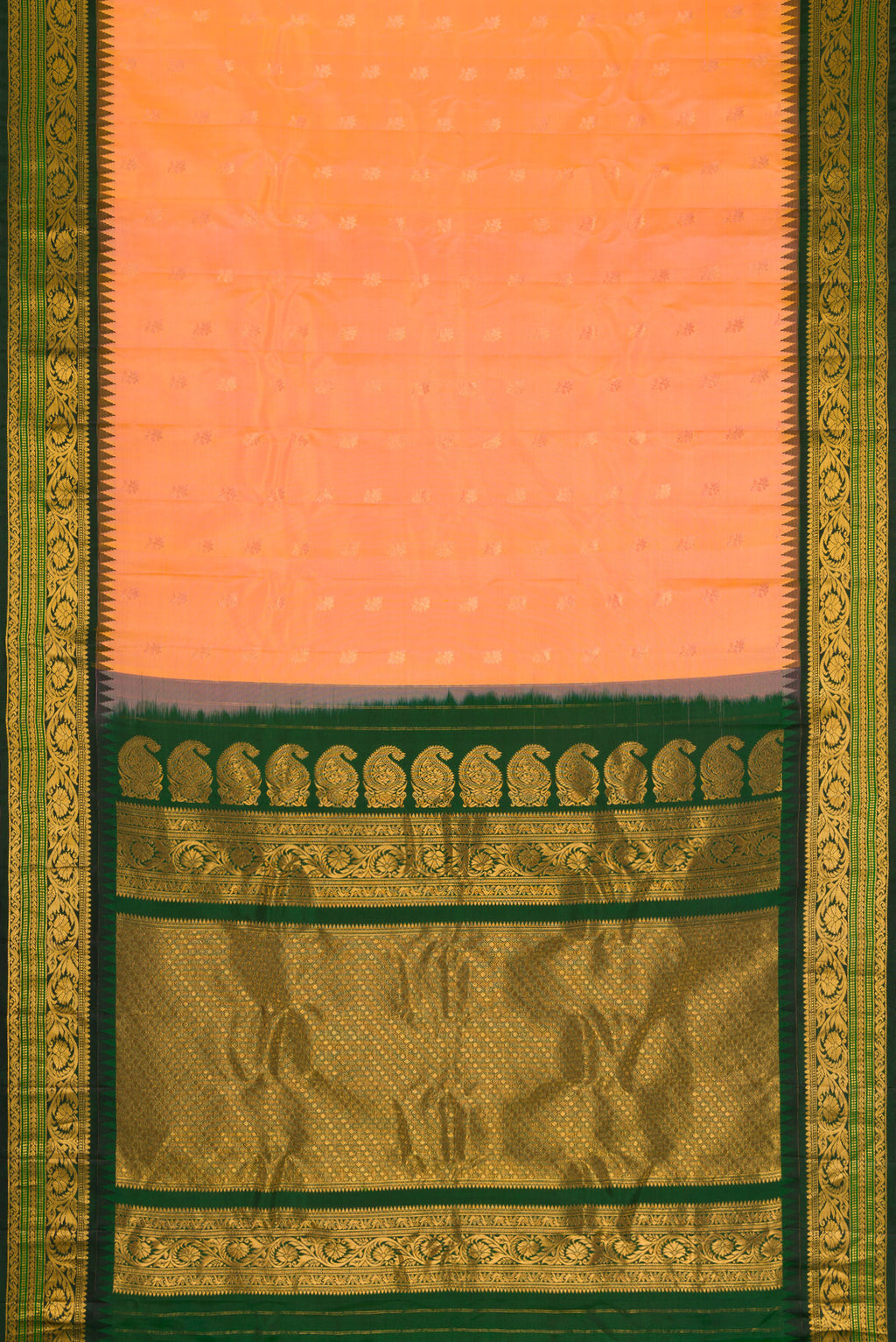 Flat view of Peach Dual Tone Gadwal Silk Saree with Zari Butta on the body and Zari Border. 