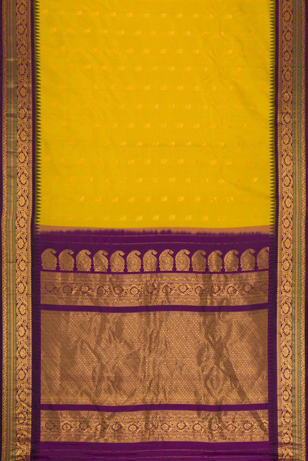 Flat view of Mehandi Green Dual Tone Gadwal Silk Saree with Zari Butta on the body and Zari Border. 