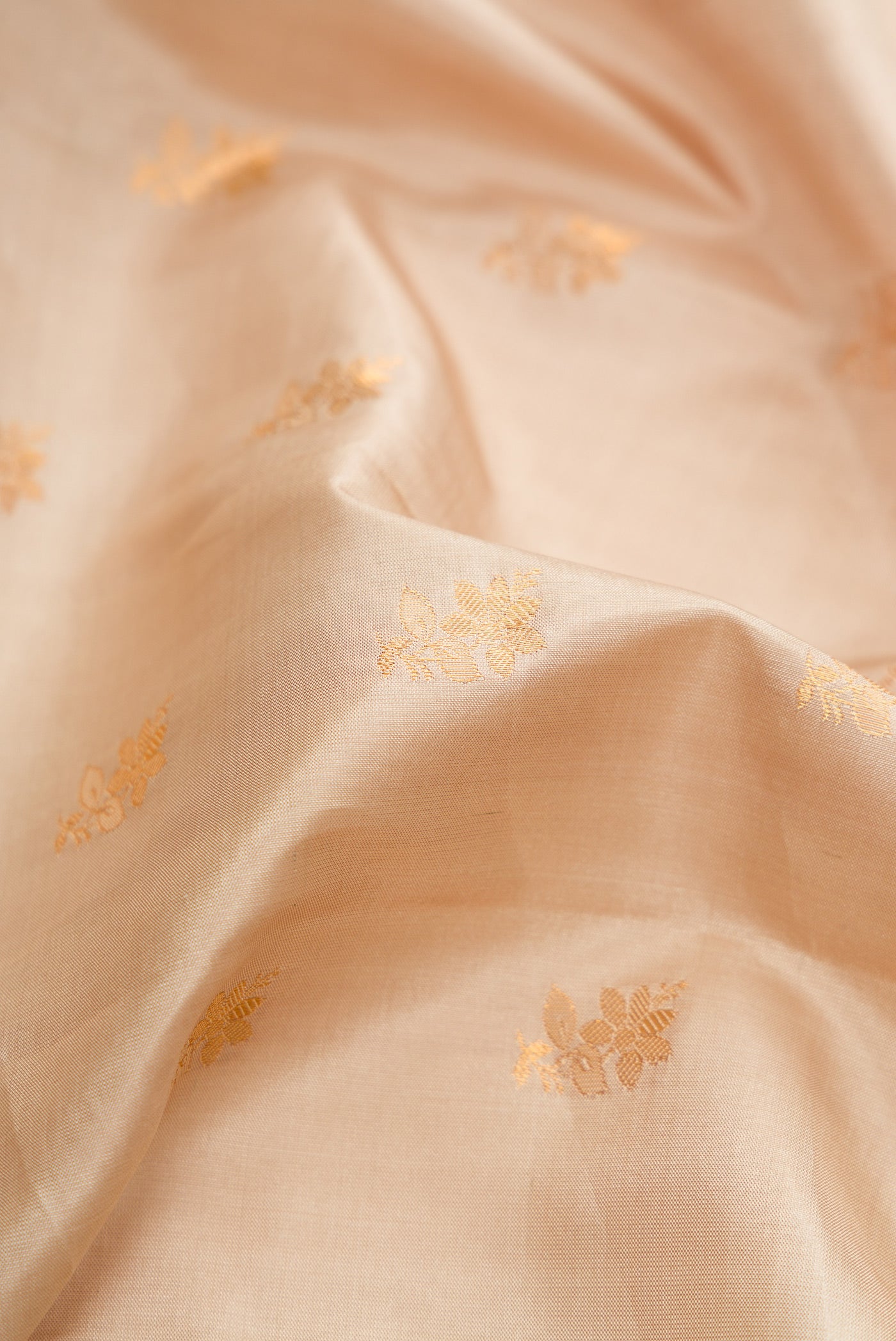 Close up of Beige Dual Tone Gadwal Silk Saree with Zari Butta on the body and Zari Border.  displaying folds