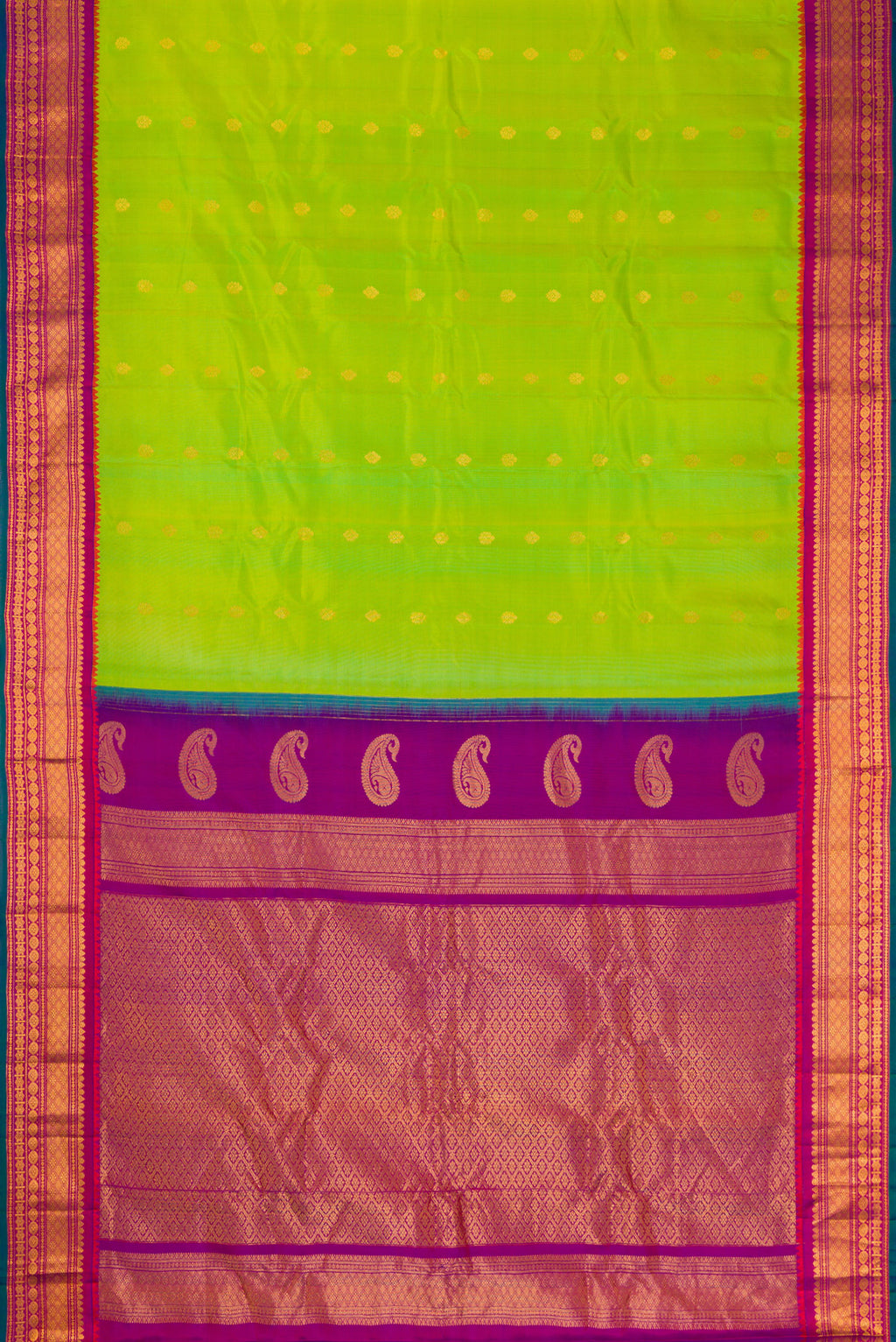 Flat view of Parrot Green Dual Tone Gadwal Silk Saree with Zari Butta on the body and Zari Border. 