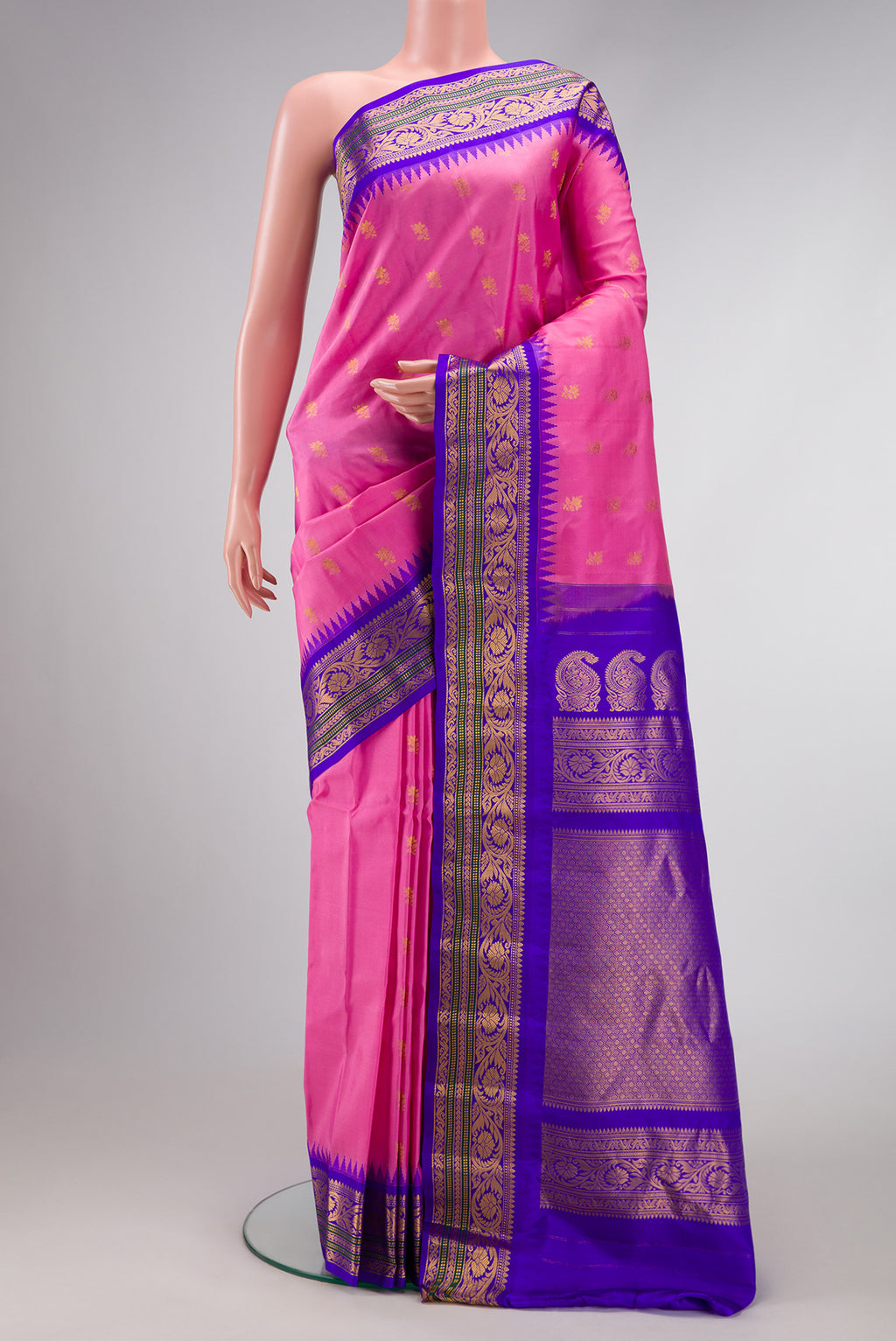 Pink Dual Tone Gadwal Silk Saree with Zari Butta on the body and Zari Border.  displayed on a mannequin