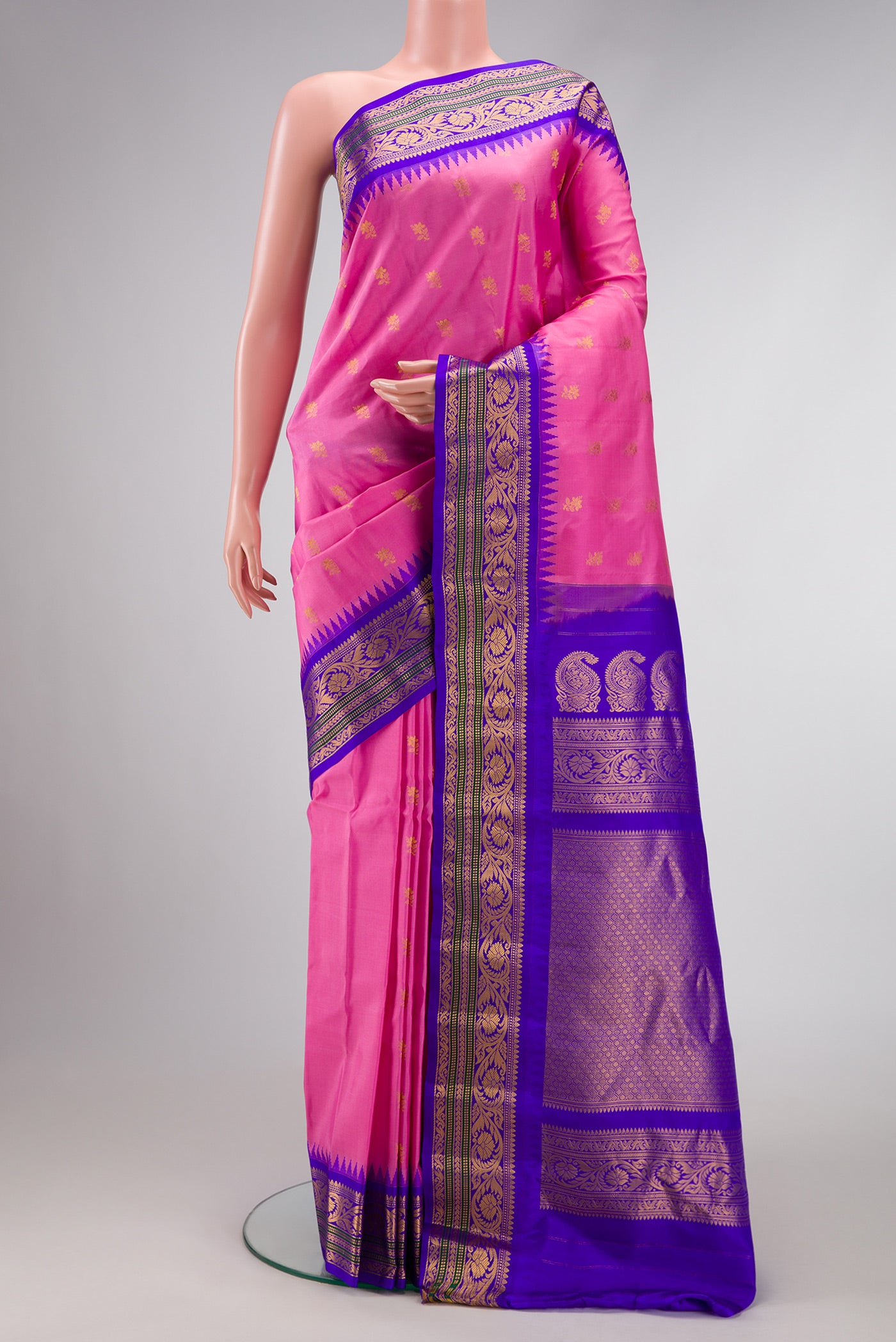 Pink Dual Tone Gadwal Silk Saree with Zari Butta on the body and Zari Border.  displayed on a mannequin