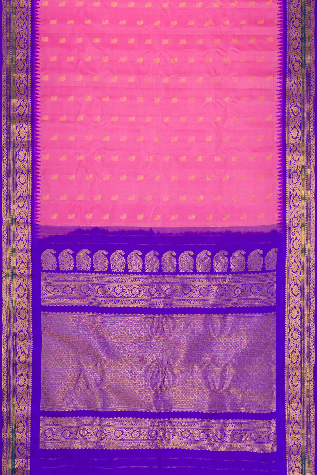 Flat view of Pink Dual Tone Gadwal Silk Saree with Zari Butta on the body and Zari Border. 