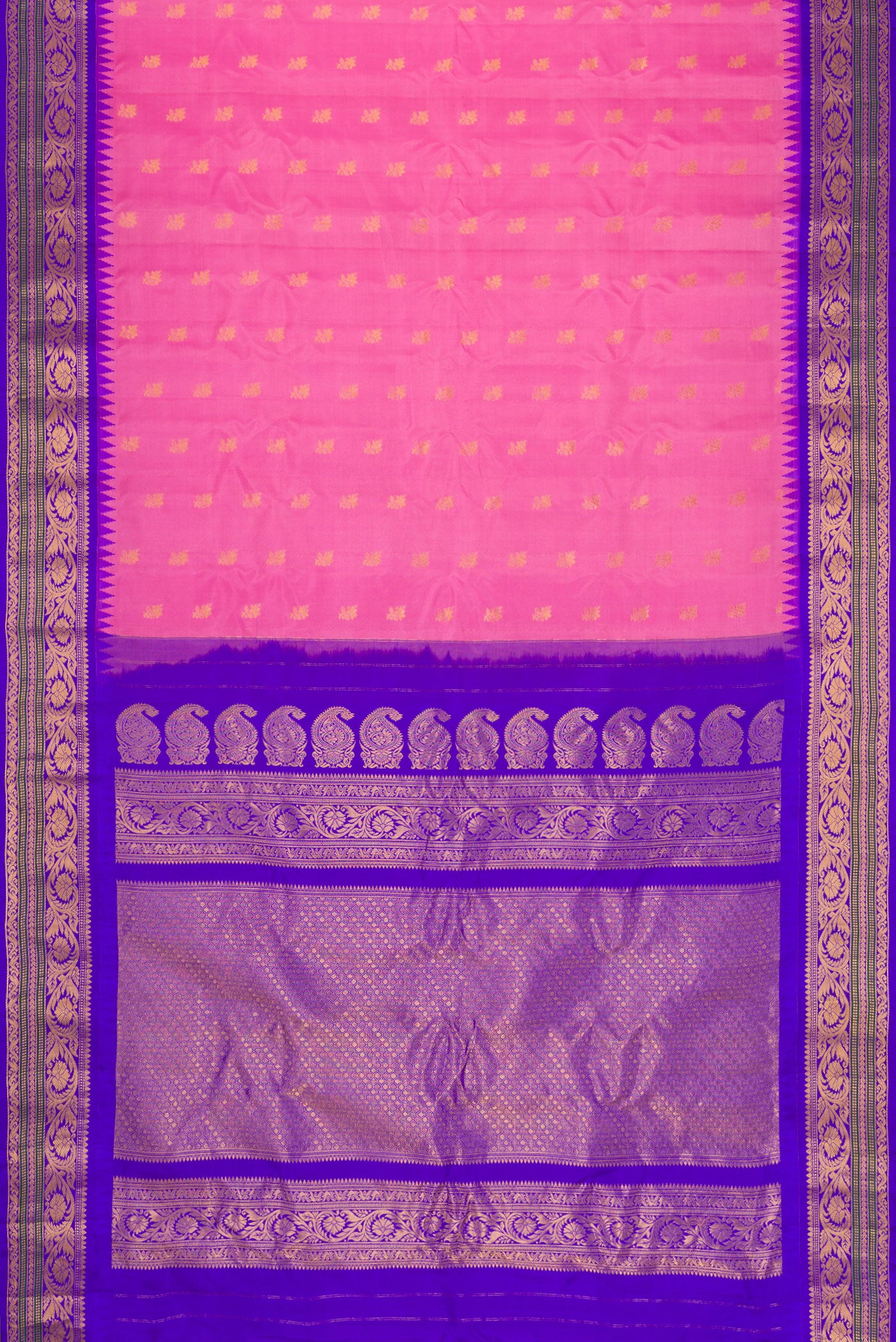 Flat view of Pink Dual Tone Gadwal Silk Saree with Zari Butta on the body and Zari Border. 