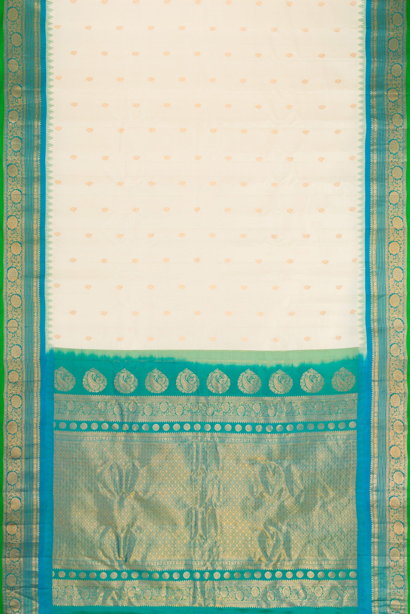 Flat view of Off White Dual Tone Gadwal Silk Saree with Zari Butta on the body and Zari Border. 
