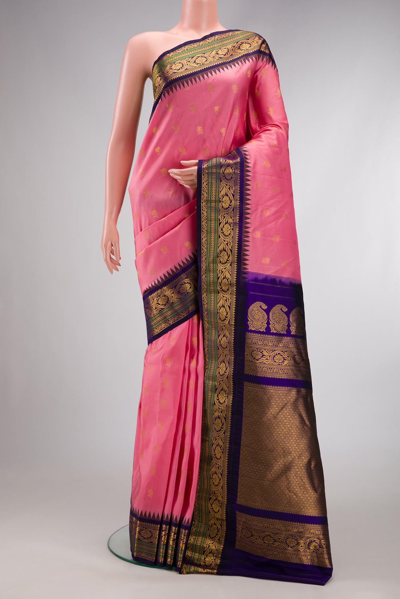 Pink Dual Tone Gadwal Silk Saree with Zari Butta on the body and Zari Border.  displayed on a mannequin