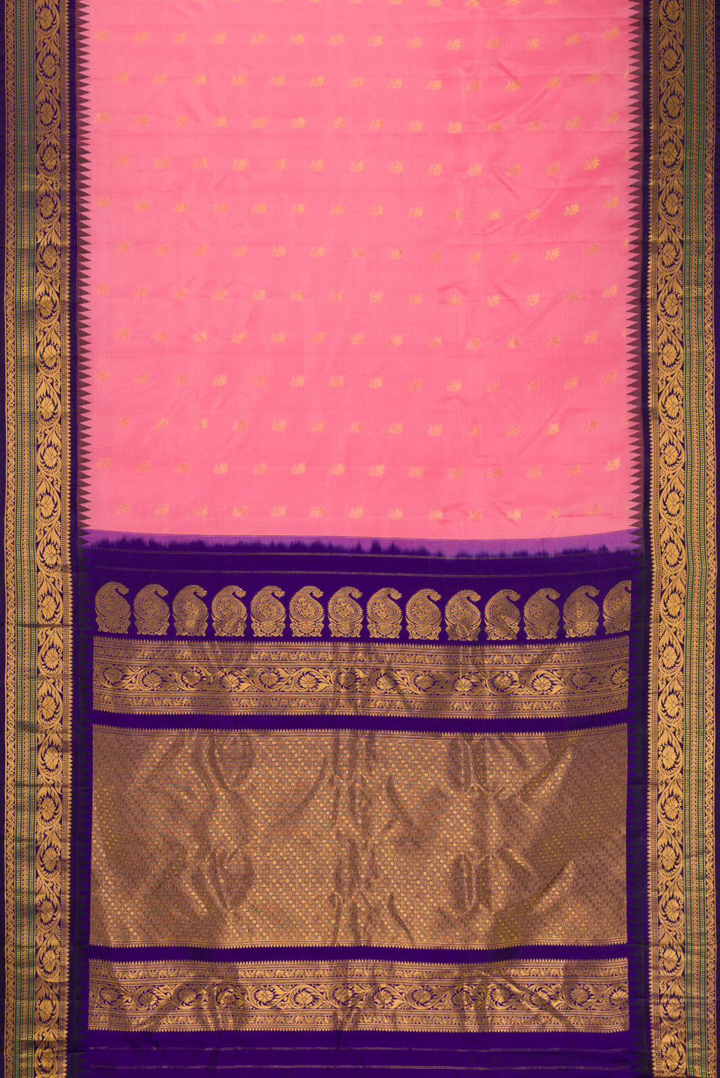 Flat view of Pink Dual Tone Gadwal Silk Saree with Zari Butta on the body and Zari Border. 