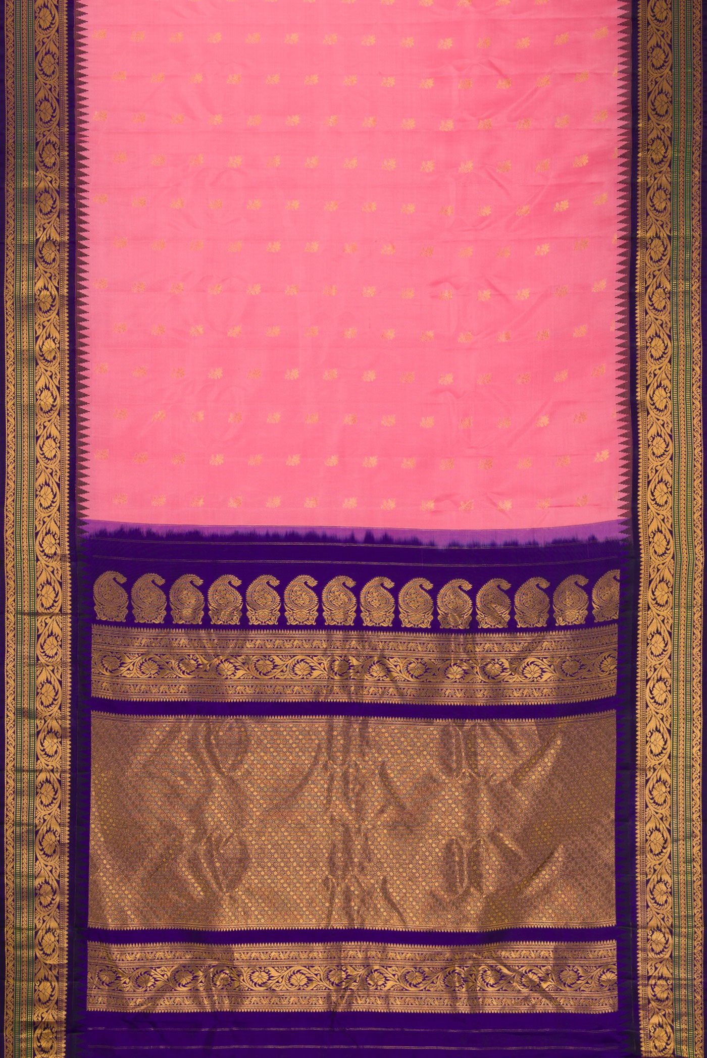 Flat view of Pink Dual Tone Gadwal Silk Saree with Zari Butta on the body and Zari Border. 