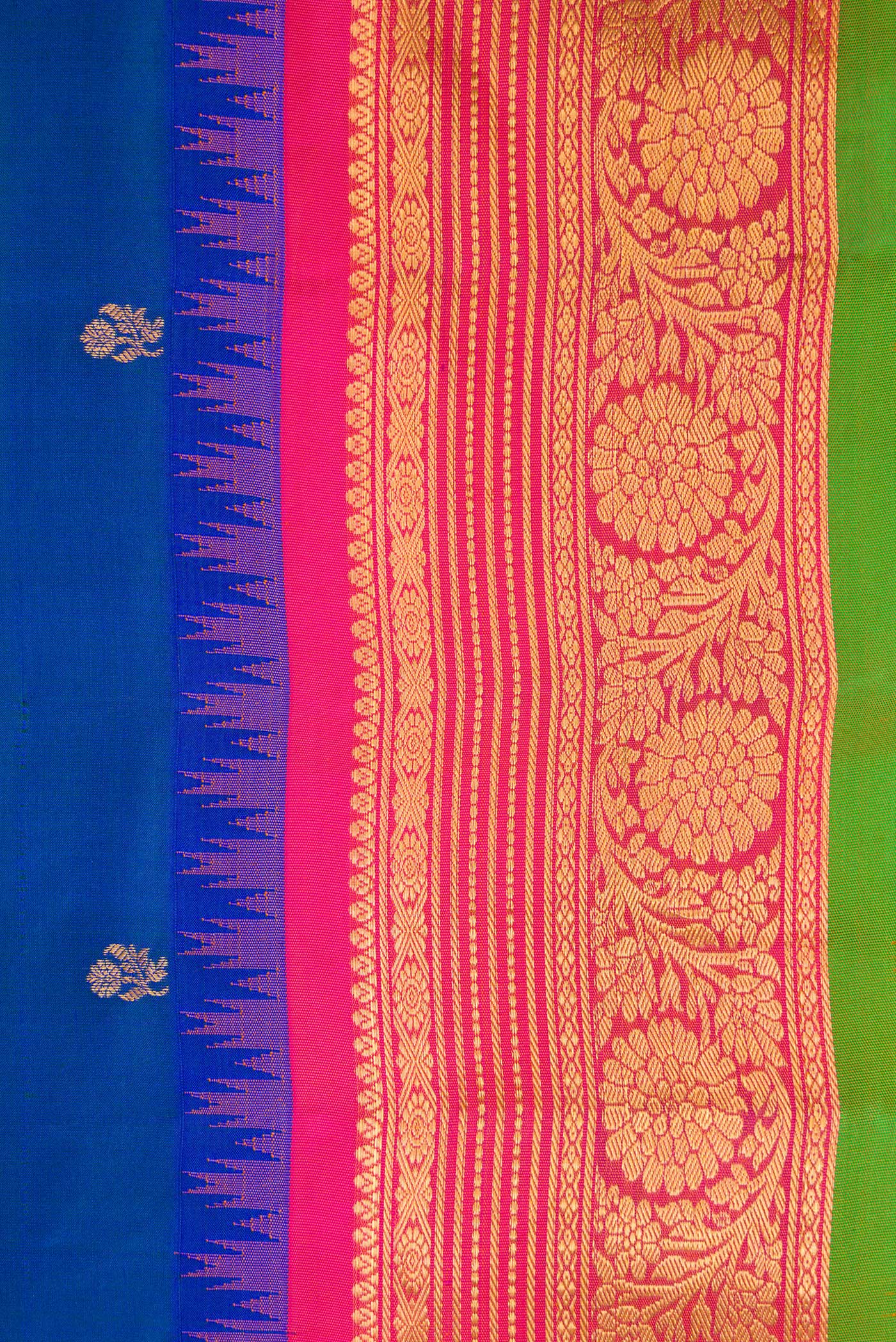 Border image of Peacock Blue Dual Tone Gadwal Silk Saree with Zari Butta on the body and Temple Border. 