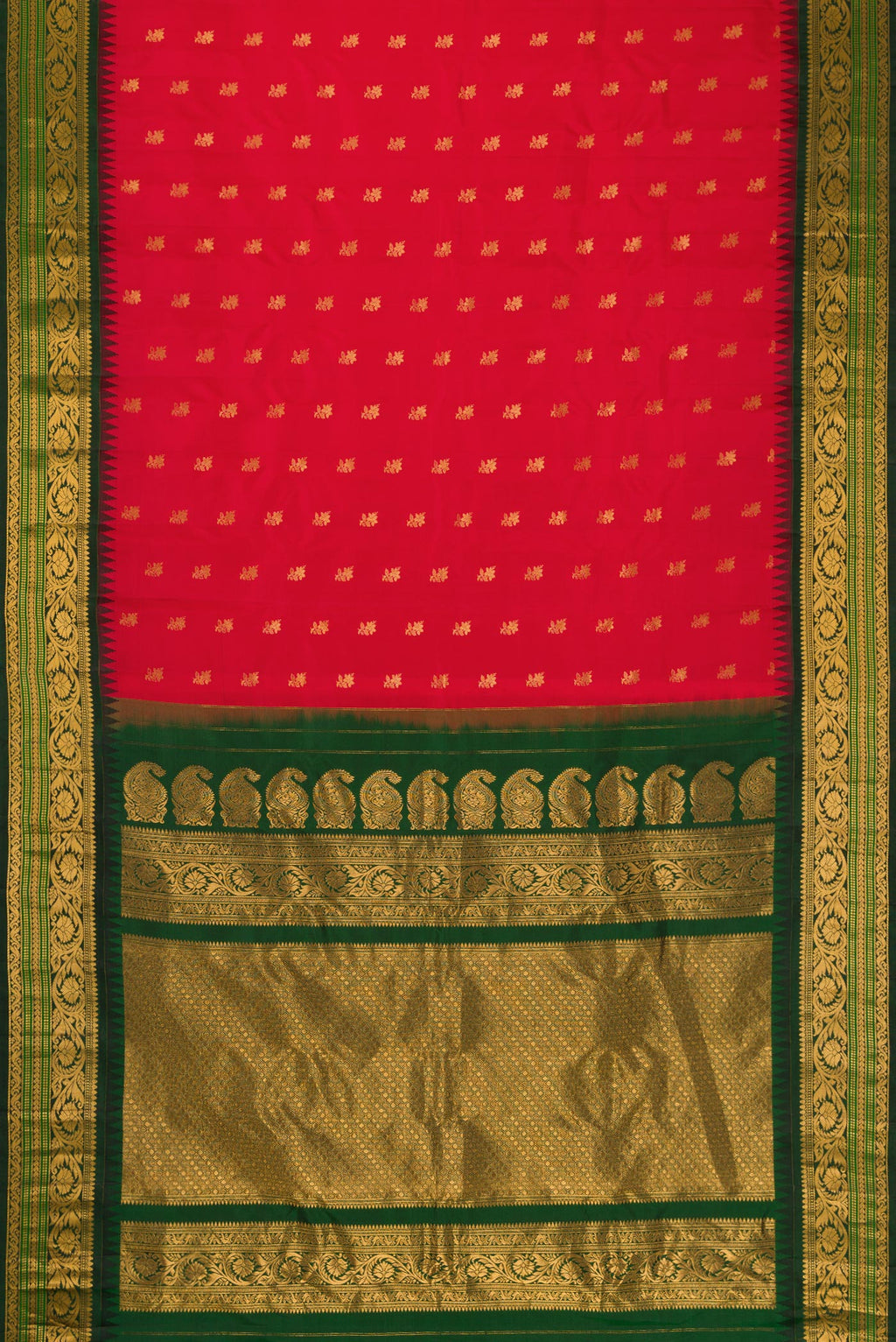 Flat view of Red Dual Tone Gadwal Silk Saree with Zari Butta on the body and Zari Border. 