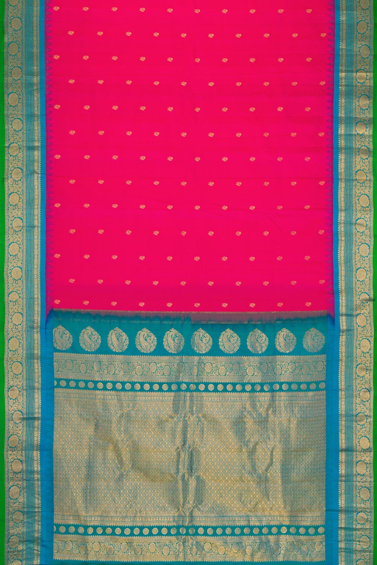 Flat view of Dark Pink Dual Tone Gadwal Silk Saree with Zari Butta on the body and Zari Border. 